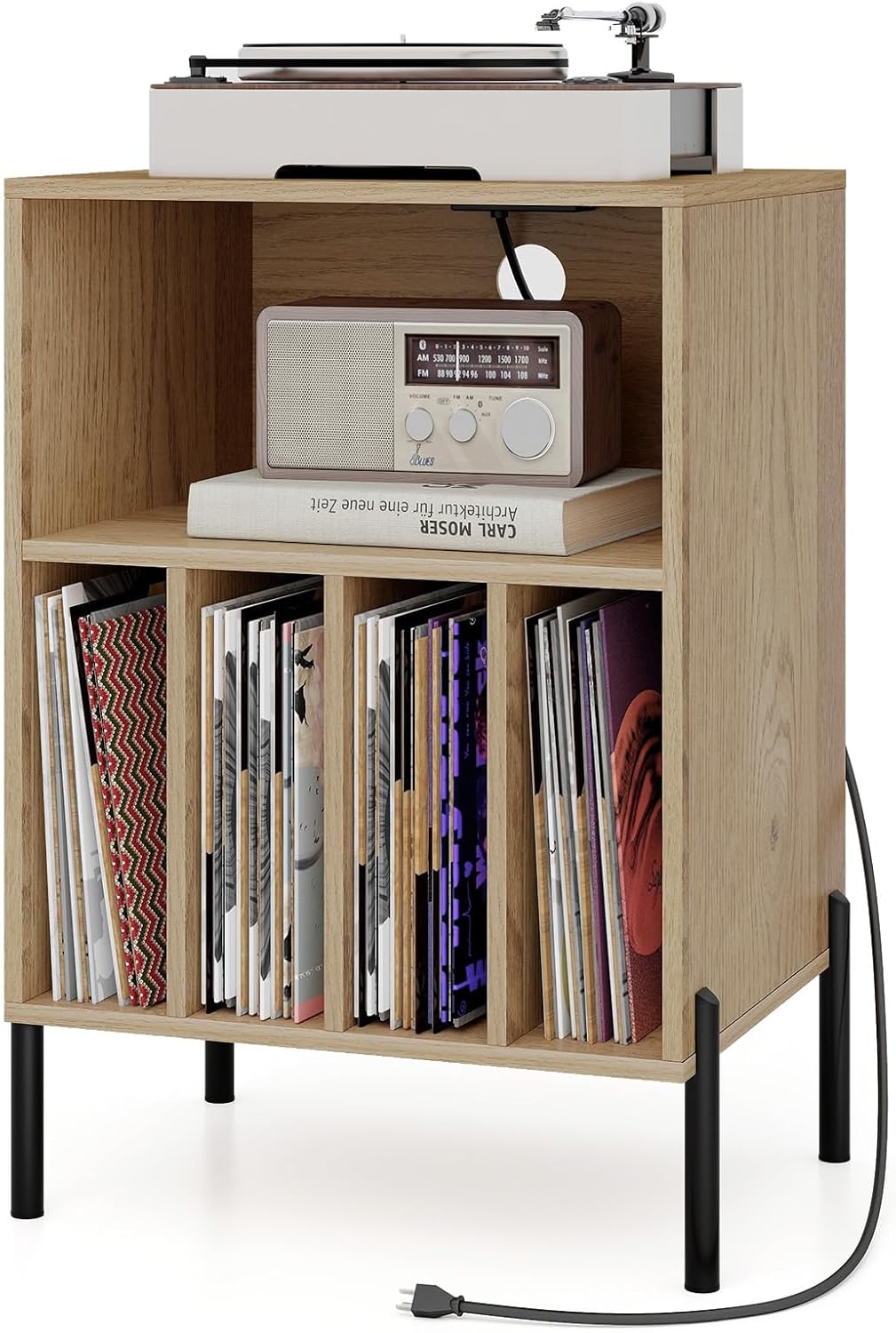 Meuble Tourne-Disque Vinyle avec Prise, Support Platine Vinyle pour 150 Albums, Station de Charge, 2 Ports USB, Ports Type-C (Naturel)