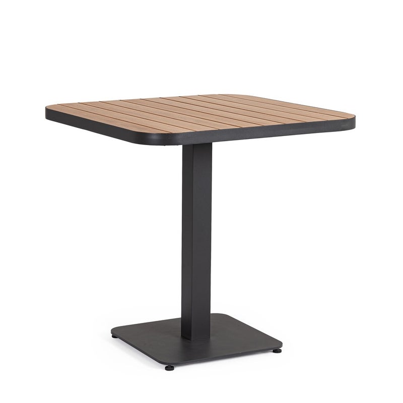 Stół "BELMAR" z aluminium antracytowego 75x75, blat z listwami imitującymi drewno, stalowa podstawa do użytku na zewnątrz
