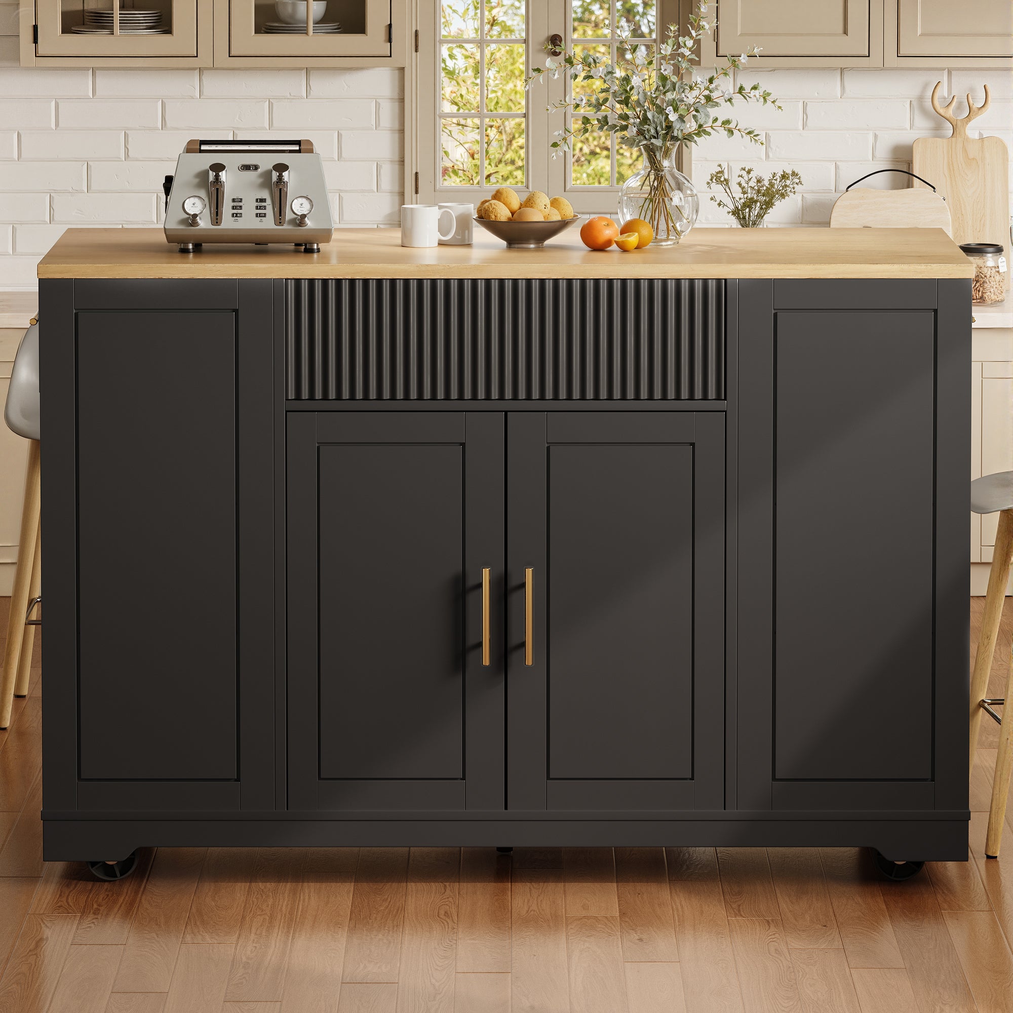 Îlot central de cuisine mobile avec 2 portes, 3 tiroirs et compartiment poubelle - 120 x 50 x 92 cm - MDF + Métal - Noir - 4