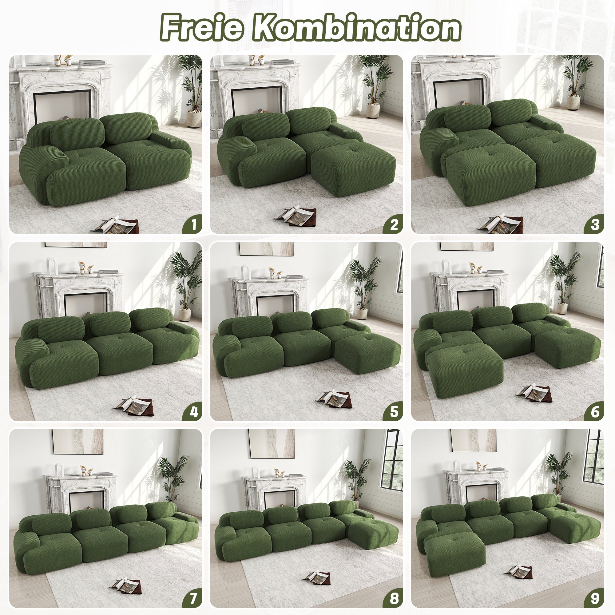 Canapé d'angle modulable ergonomique, Canapé d'Angle velours côtelé avec&nbsp;poufs, accoudoirs extra larges, rembourrage 32D, Canapé 3 Places vert - 8
