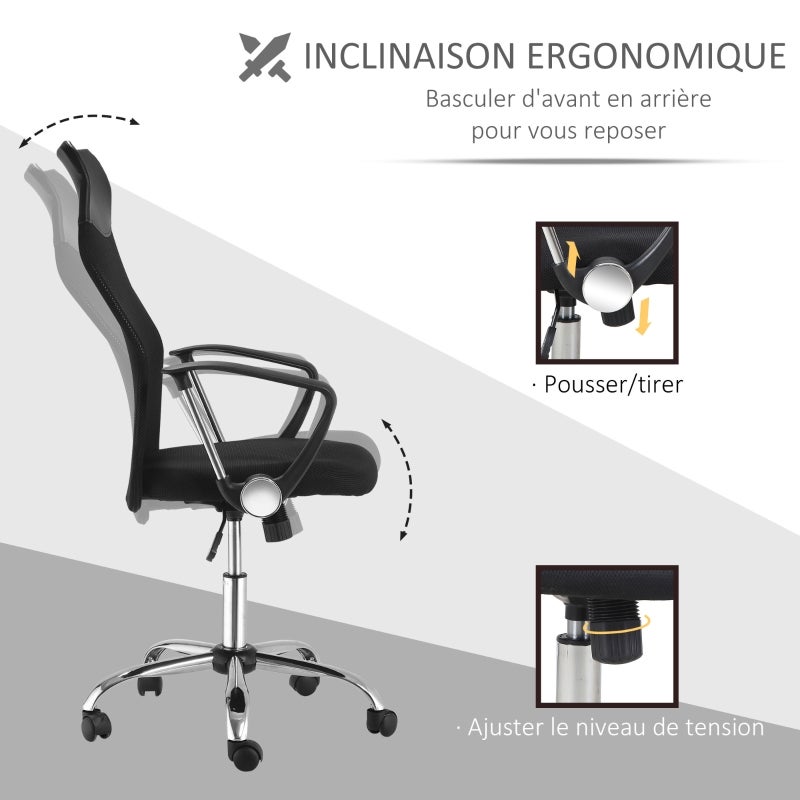 Fauteuil de bureau manager grand confort dossier ergonomique hauteur assise réglable pivotant tissu maille noir - 6
