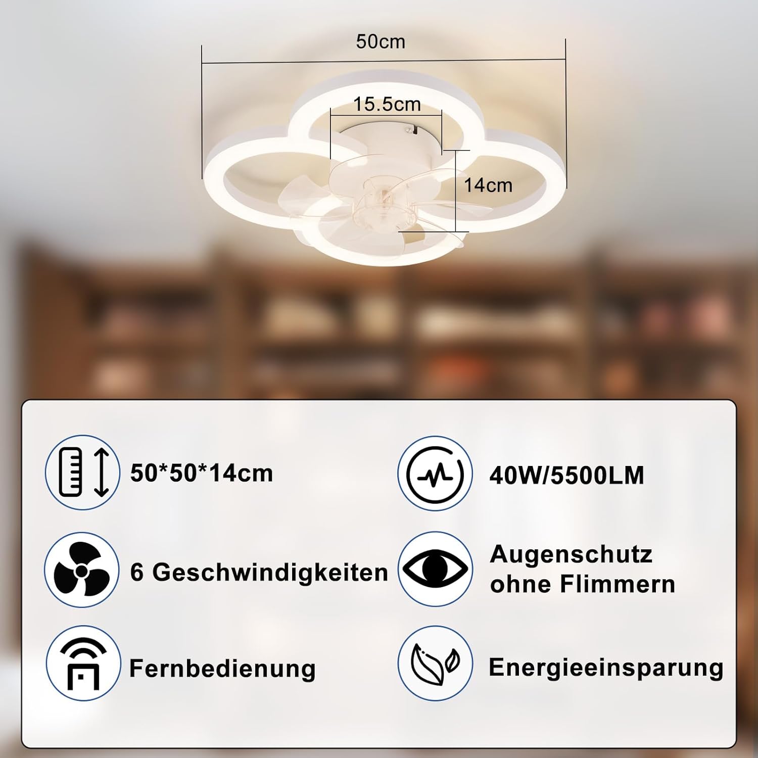ZMH Ventilador de techo con luz, silencioso, 6 velocidades, moderno, regulable para sala de estar - 6