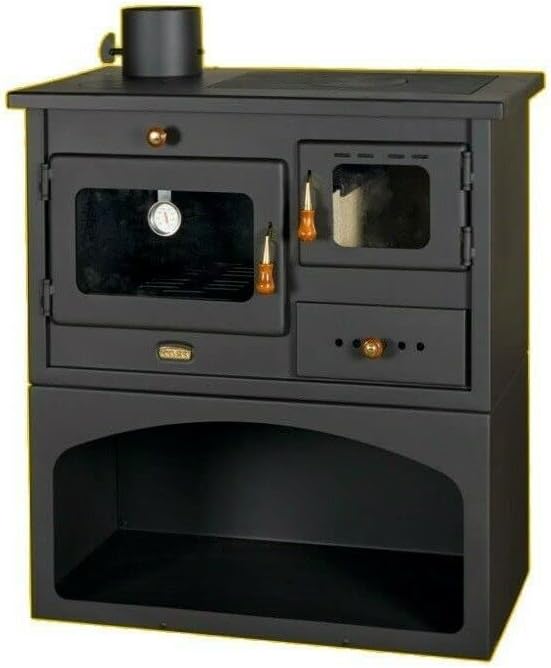 Stufa a legna con forno. Piastre in ghisa. Potenza termica 10kw. Modello Prity 1P 34 con canna fumaria SINISTRA