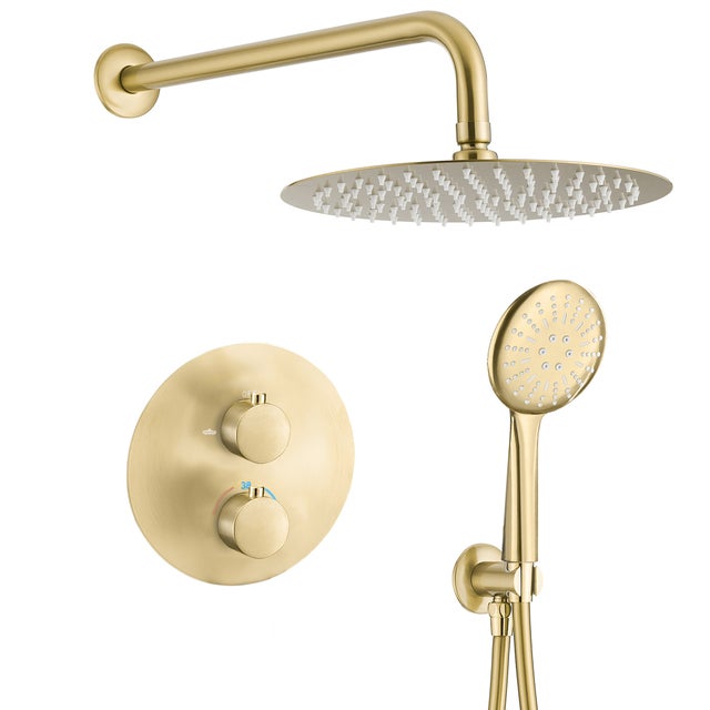 Valaz Ducha empotrada termostática pared redonda dorado cepillado - Serie Cabriel - 30cm