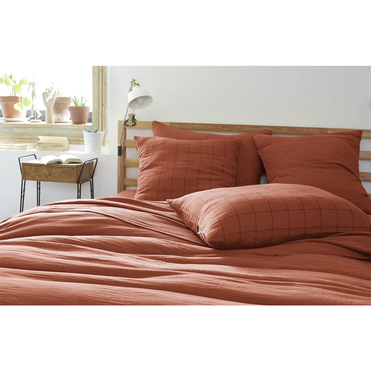 OUREA MOTIF - Taie d'Oreiller 60x60cm Gaze de Coton Terracotta à Grands Carreaux - 3