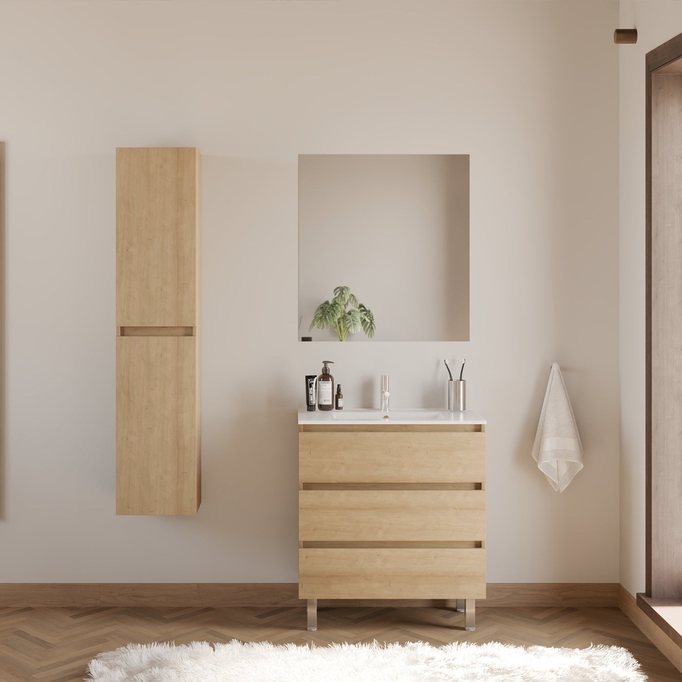 Meuble de salle de bain 60cm simple vasque - 3 tiroirs - nebraska&nbsp;(bois clair) - MAYOR - 4