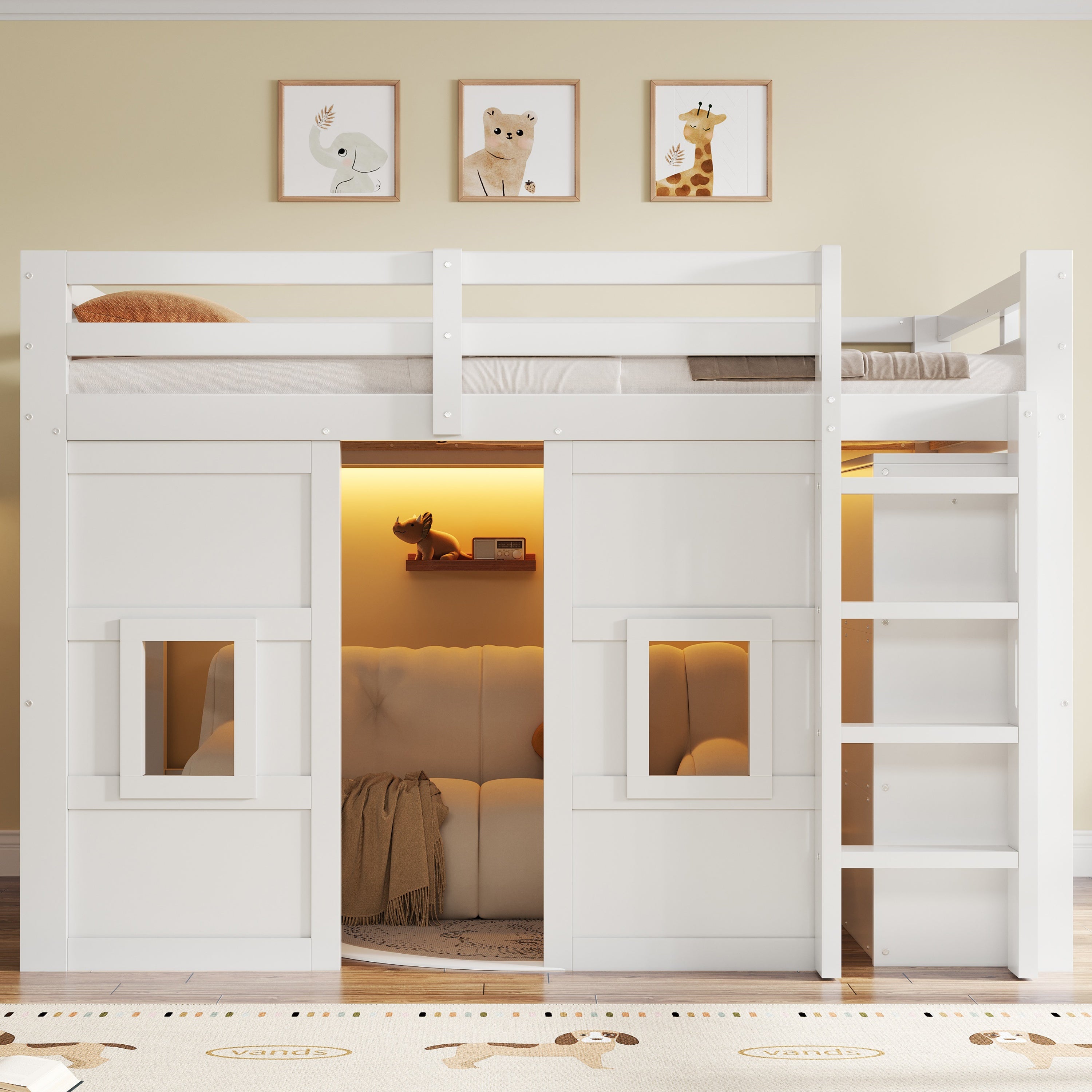 Lit mezzanine 140 x 200 cm avec armoire et 2 fenêtres - MDF + pin - LEDs - Blanc (Sans matelas) - 4