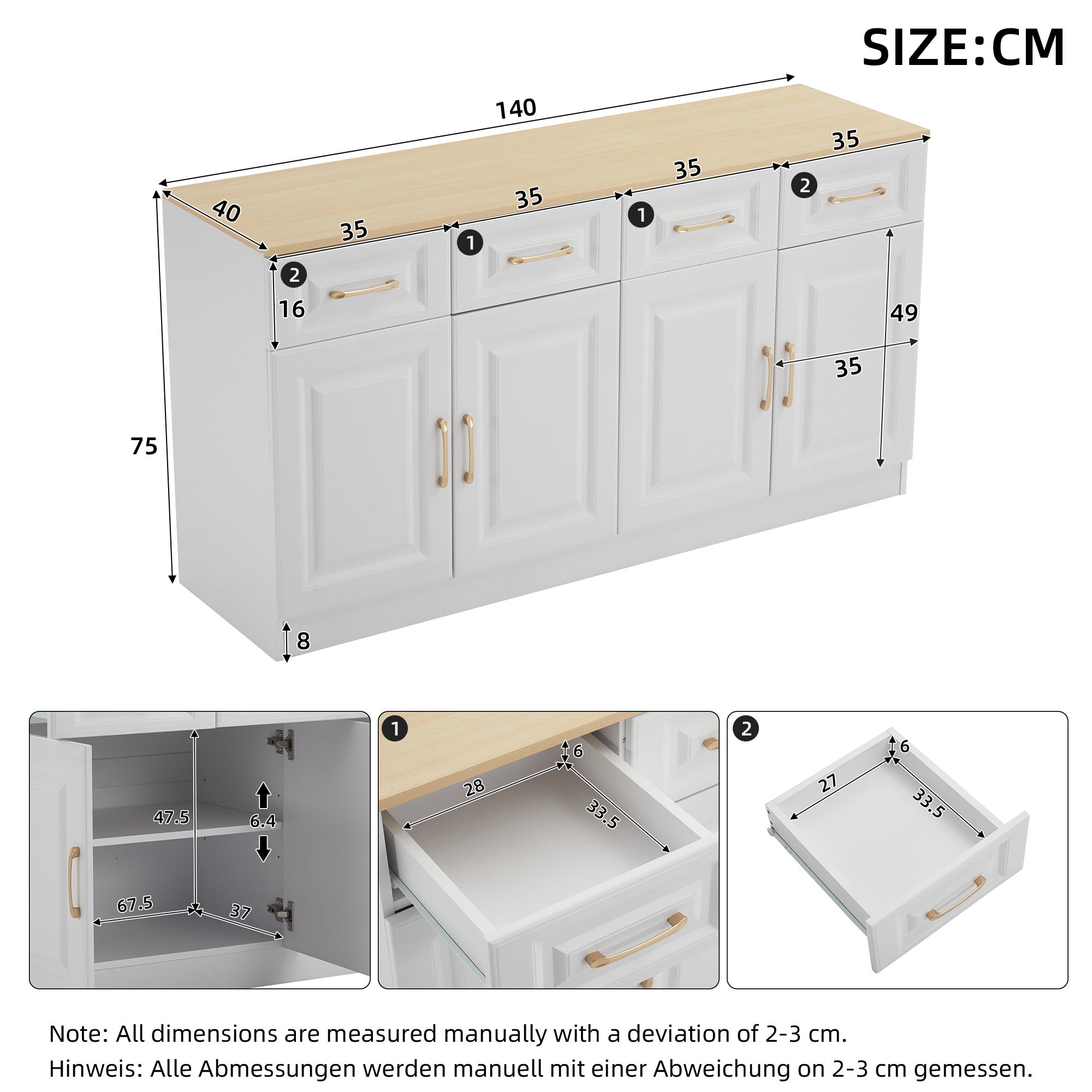 Buffet bas avec 4 portes et 4 tiroirs - 140 x 40 x 75 cm - Panneau de particules - Blanc et chêne - 4