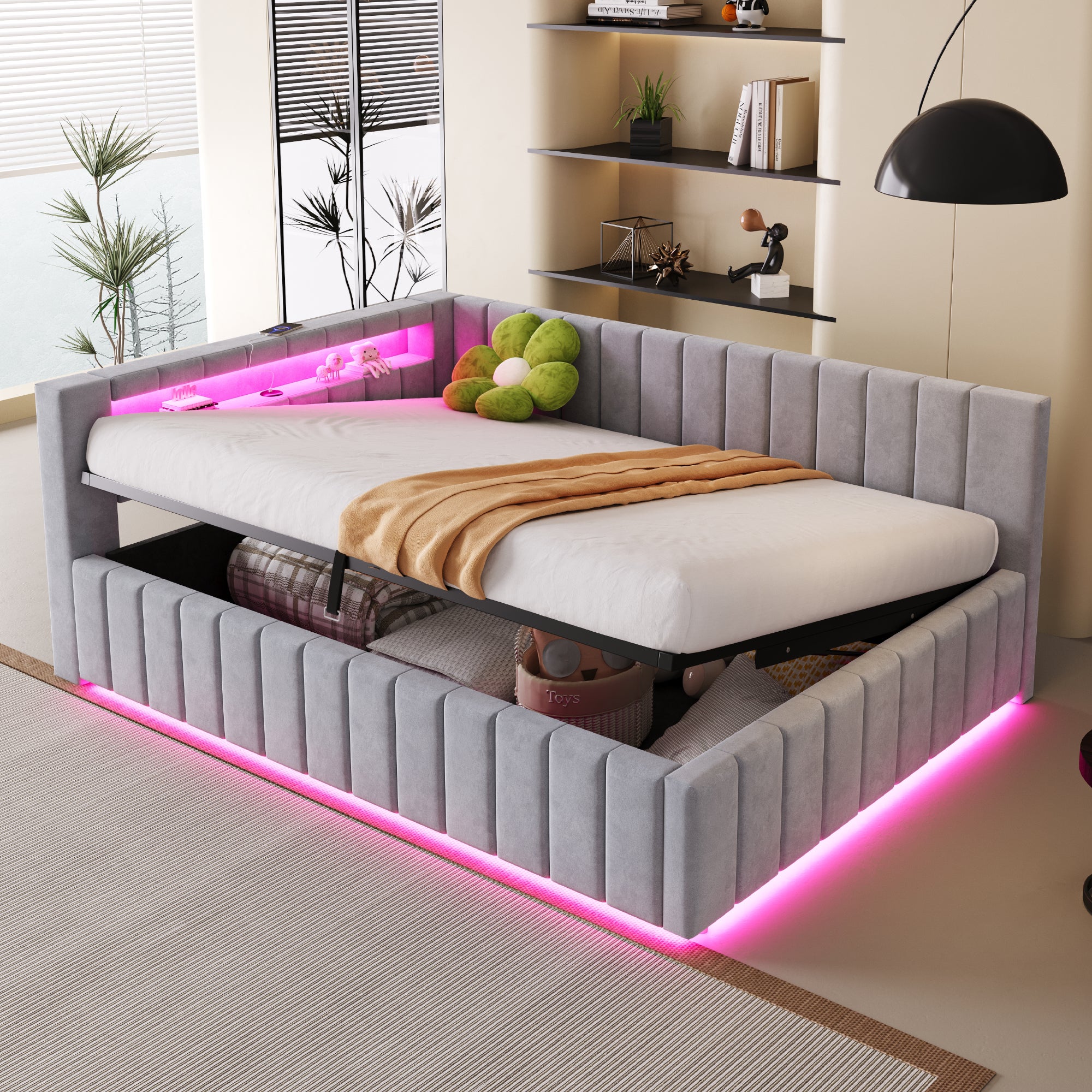 Łóżko z pojemnikiem 140 x 200 cm z zagłówkiem - Aksamit - Gniazda USB i LED - Szare (bez materaca)