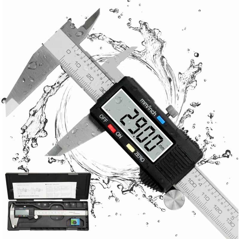 Suwmiarka, suwmiarka cyfrowa 150 mm ze stali nierdzewnej z dużym ekranem LCD, regulowana precyzja 0,01 mm, konwersja mm/cale, odporna na