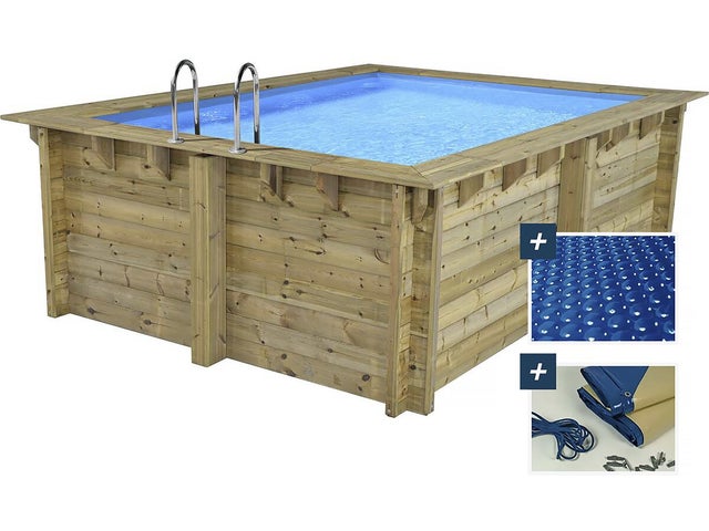 Piscine hors sol bois, rectangle Zanzibar - 3.50 x 2.30 x 1.24 m, Bâche à bulles 180 µ, Bâche hiver 280 g/m²