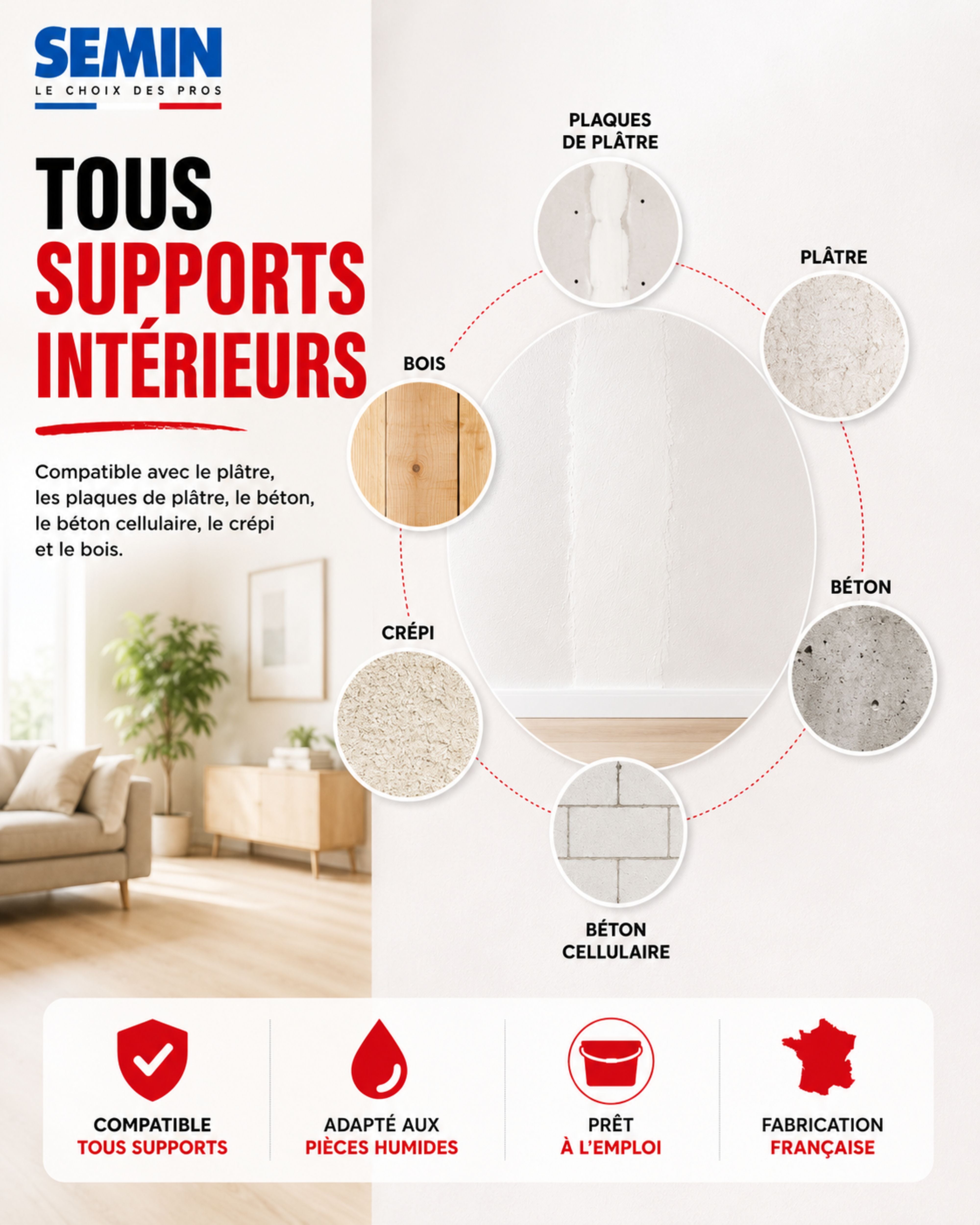 Enduit de Rebouchage Allégé pour Trous et Fissures Importants, Sem-Light Semin, Intérieur, Seau de 10 L - 6