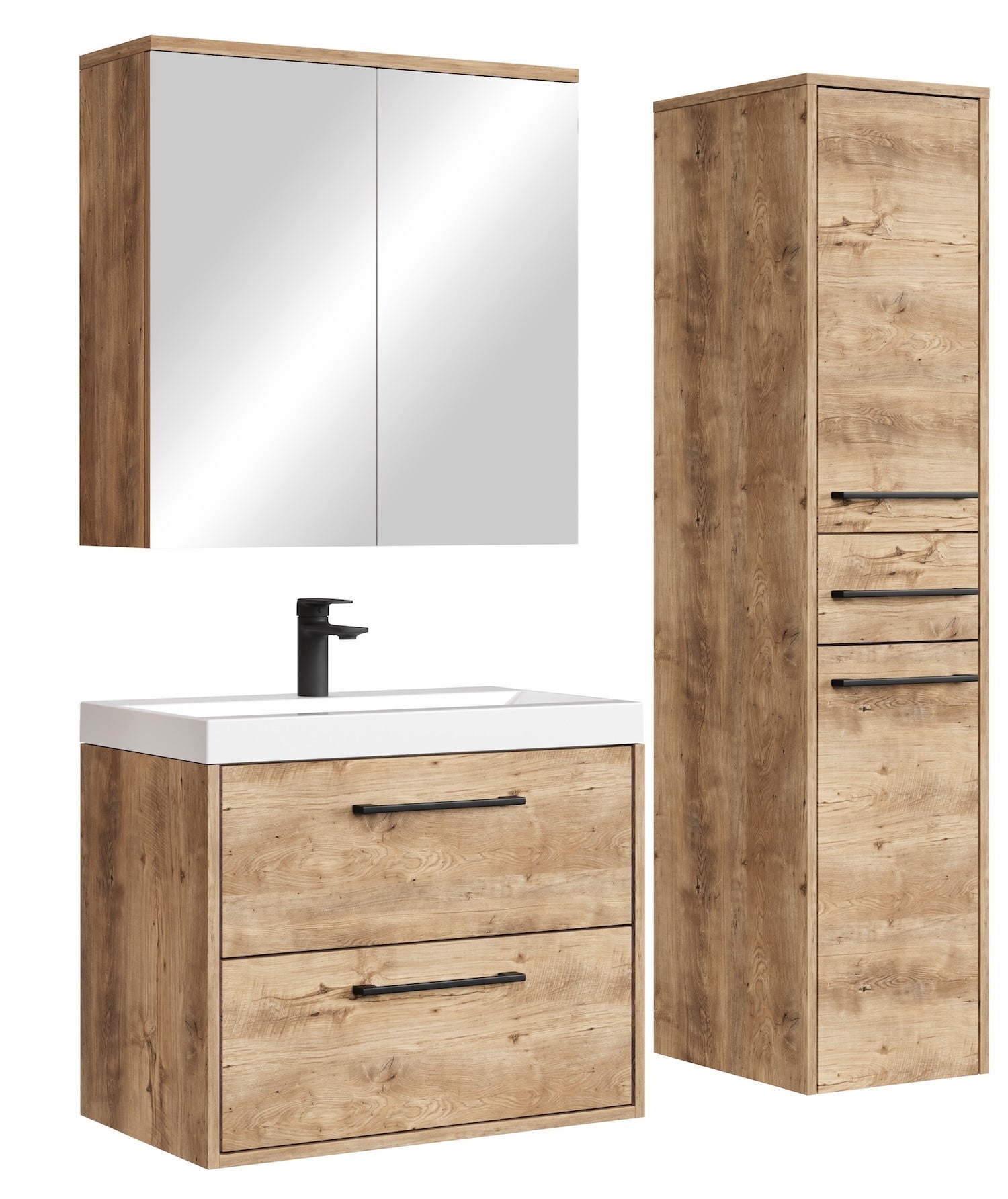 Conjunto de muebles de baño florence 60 cm – roble castaño – mueble de baño suspendido con lavabo, armario con espejo y armario lateral – cierre suave