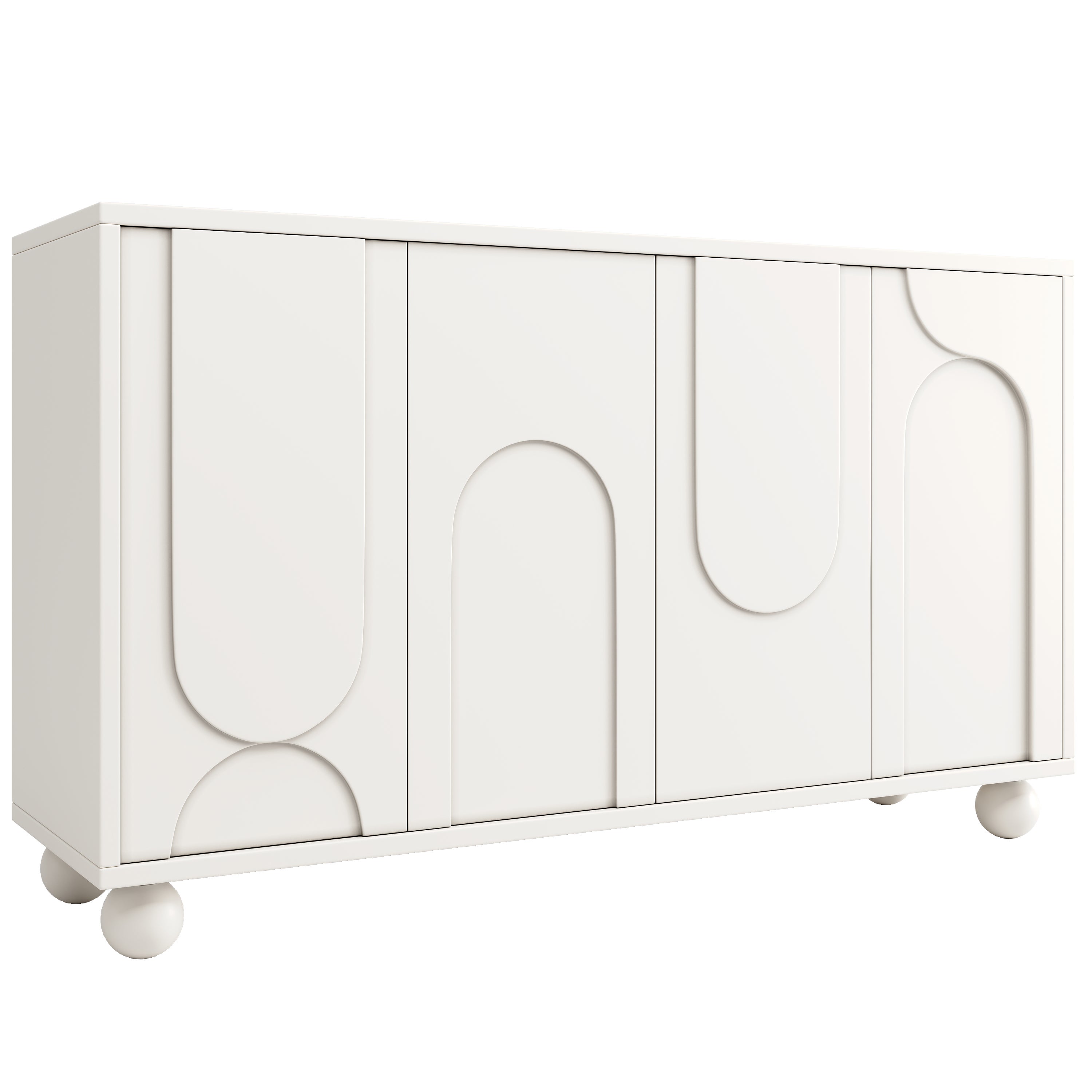 Komoda niska z 4 drzwiami - 120 x 35 x 71 cm - Regulowane półki - Płyta MDF i okrągłe nogi - Do jadalni i salonu - Biała - 5