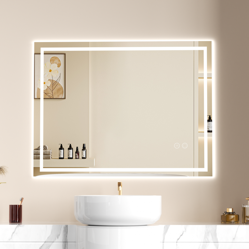 Espejo de baño led 80*60cm,vidrio templado 5mm de hd, 3 temperaturas de color y brillo regulable, antivaho y control táctil, rectangular