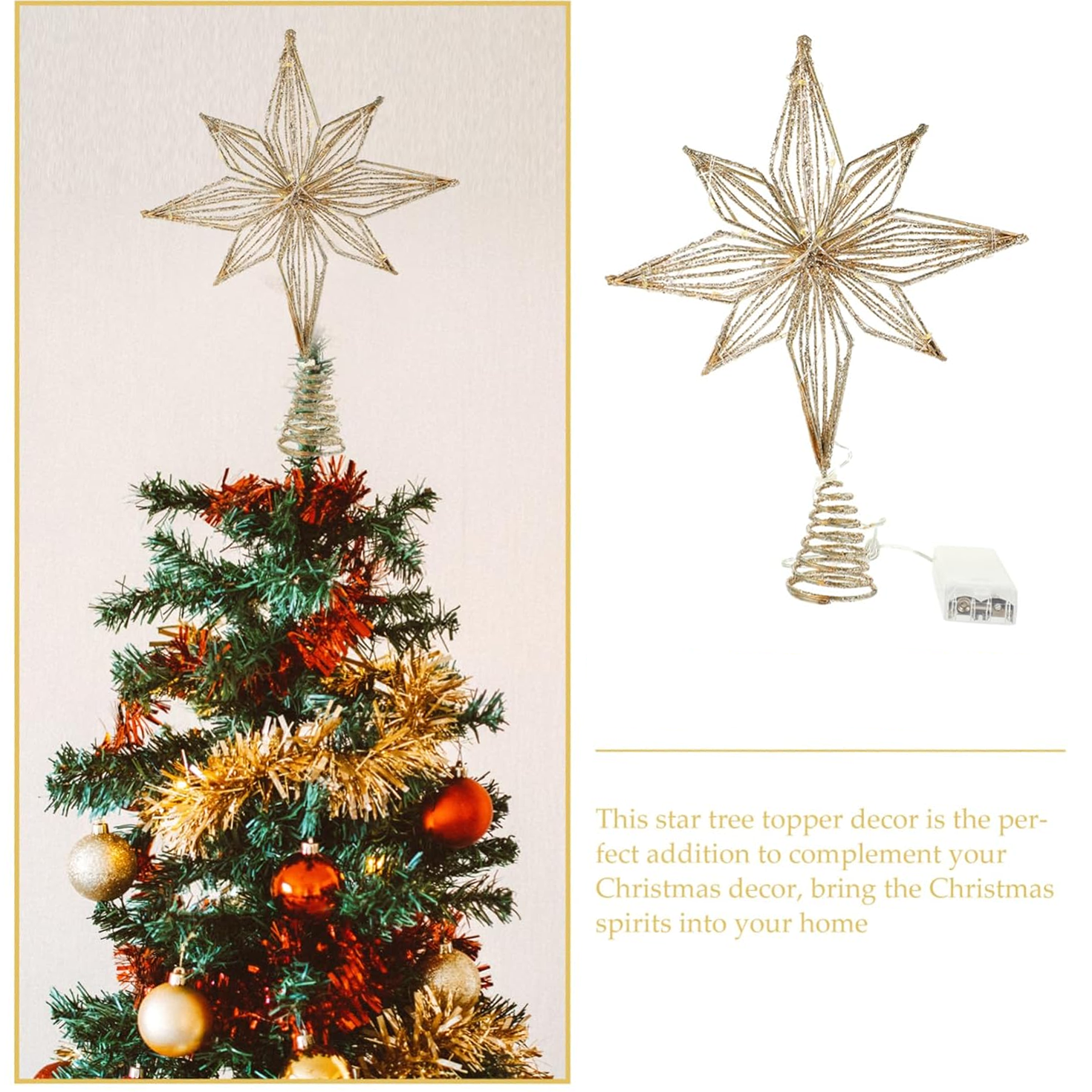 Topo de Árvore de Natal com 20 Luzes LED, Decoração de estrelas para topo de árvore de Natal, Enfeite de Natal em forma de estrela em metal - 6