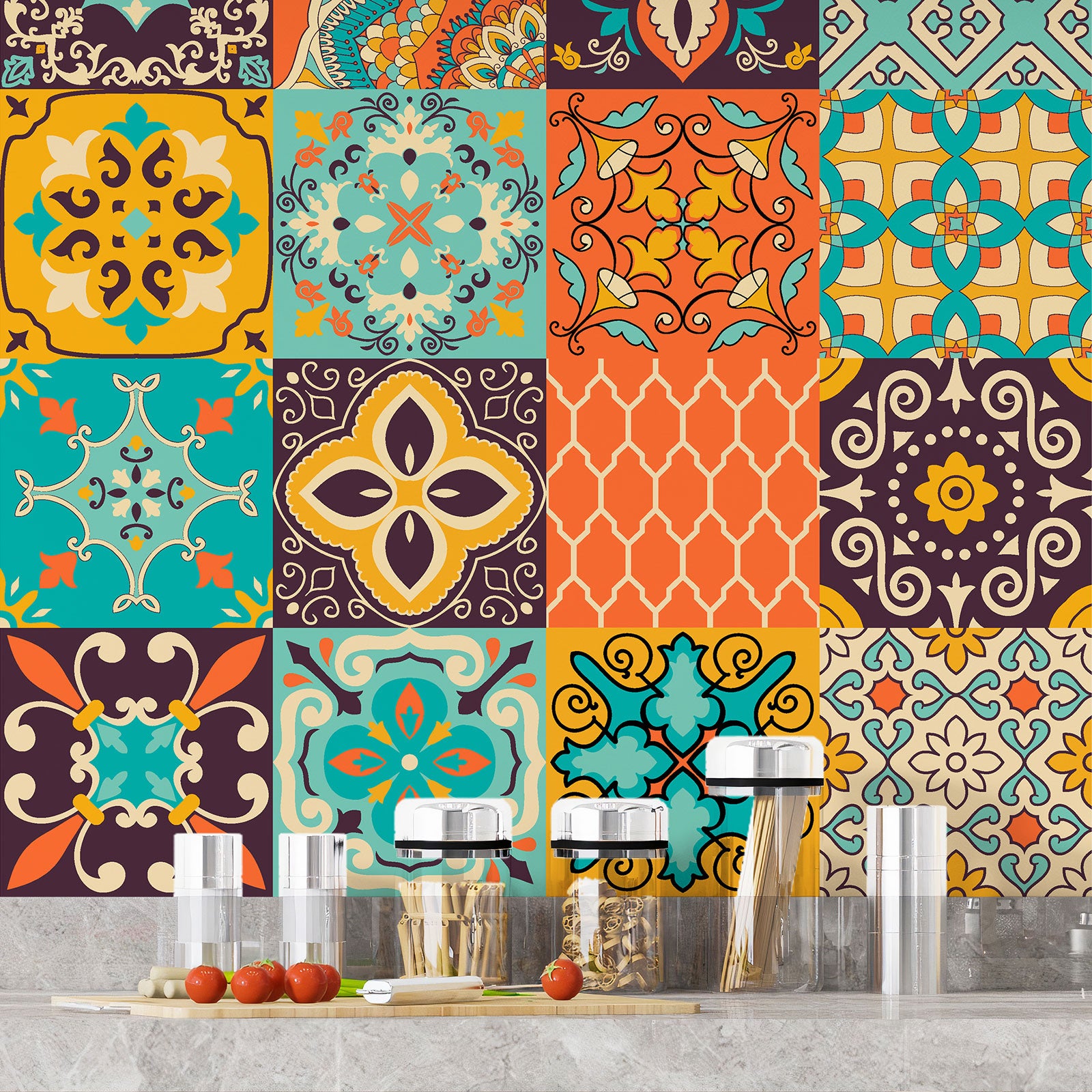 Crédence adhésive sticker décoratif pour cuisine - Effet carreaux de ciment - Adhésif MAT - 60x60 cm - 4