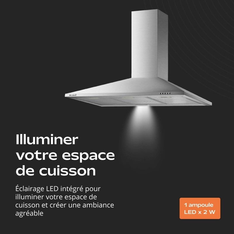 Hotte de Cuisine Décorative Inox 90cm - Pyramide 338 m3/h - Evacuation ou Recyclage - 6