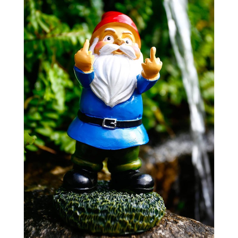 Żywiczny krasnal ogrodowy, pokazujący dwa środkowe palce, 14 cm, dekoracja zewnętrzna na patio, prezent na parapetówkę (niebieski)