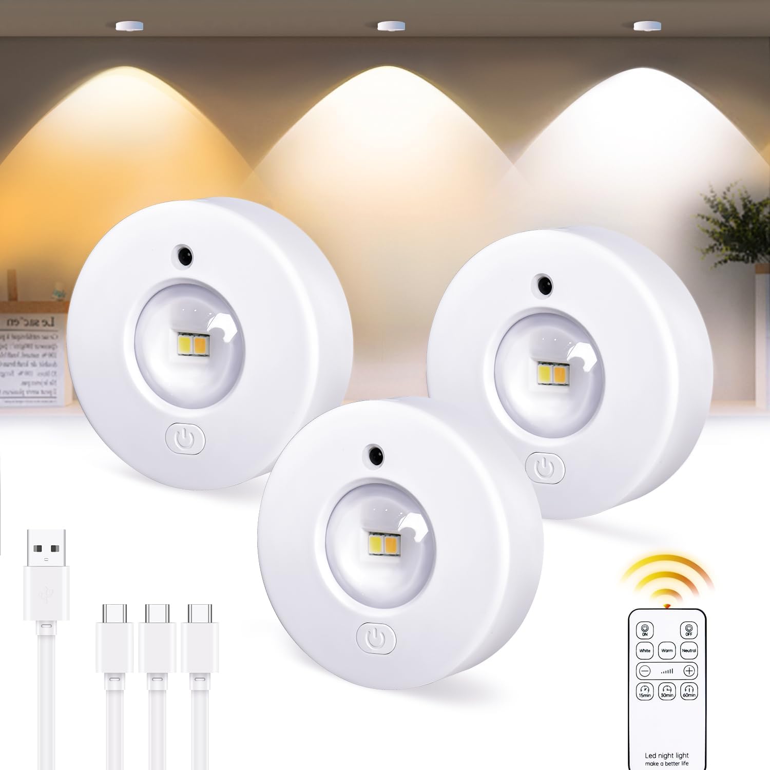 Reflektory LED, bezprzewodowe, akumulatorowe, 1200 mAh, reflektory LED, naklejka podszafkowa kuchenna, z pilotem i dotykiem, bezprzewodowa lampa