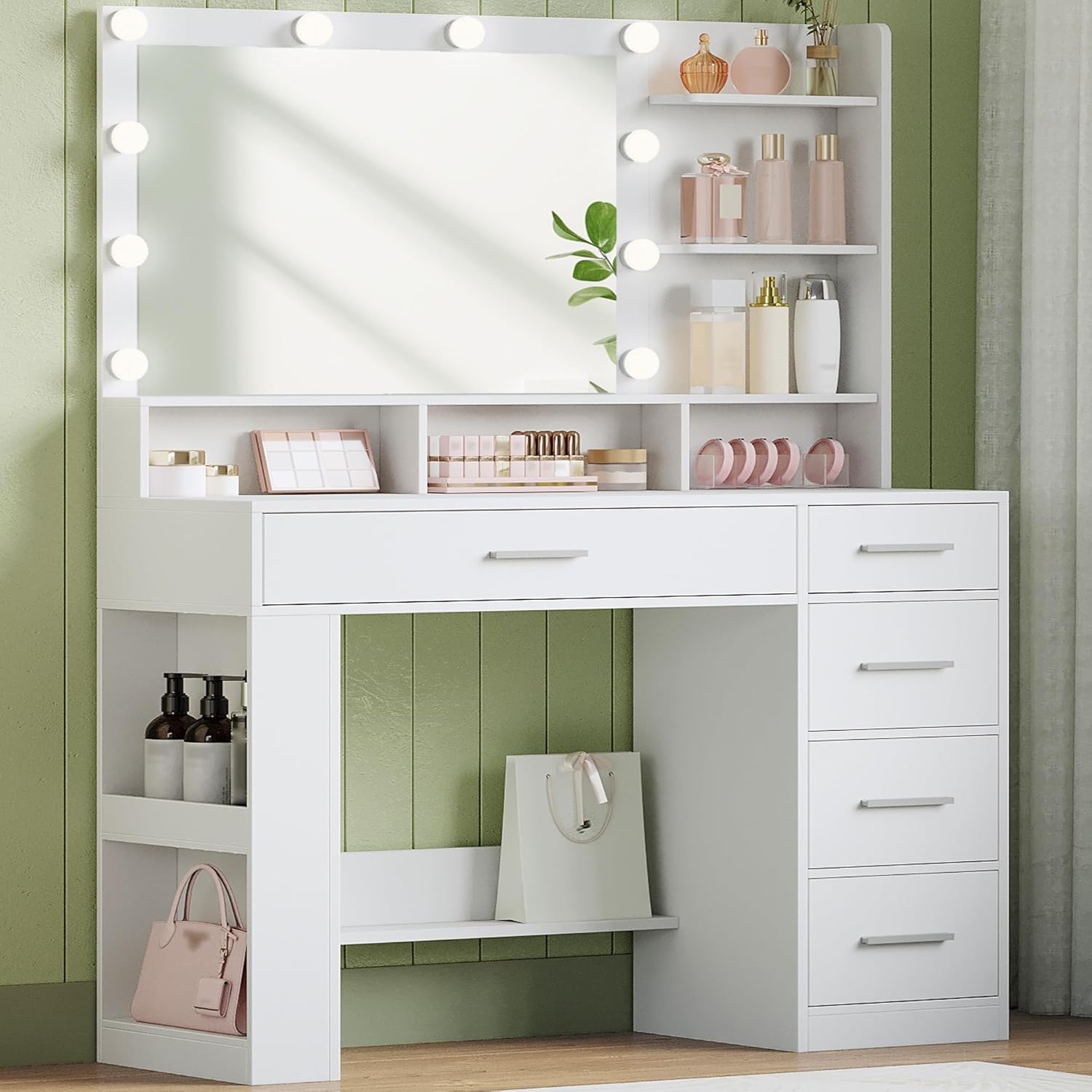 108 cm Coiffeuse avec Grand Miroir HD, Éclairage LED, 6 Compartiments Ouverts, 5 Tiroirs Et Rangement Latéral Ouvert, Simple, Blanc - 2