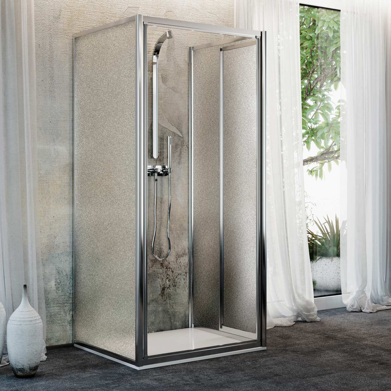 Box Doccia 3 lati 75x90x75CM H185 Cristallo Stampato C 2 Fissi+Saloon 2 Ante Battente 90 mod. Clint - 6