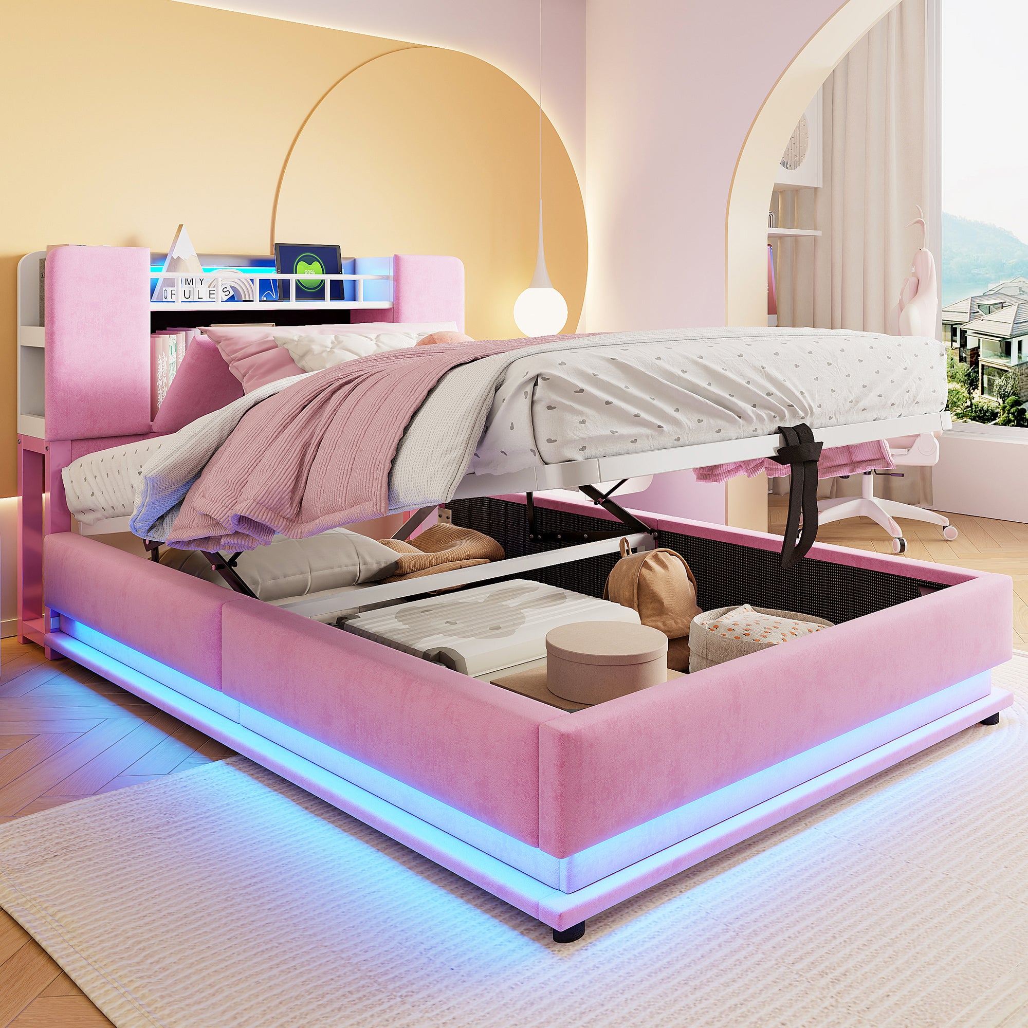 Łóżko z pojemnikiem na pościel 90 x 200 cm i zagłówkiem - Tkanina aksamitna - Diody LED - Porty USB - Różowe (Materac nie jest dołączony) - 3