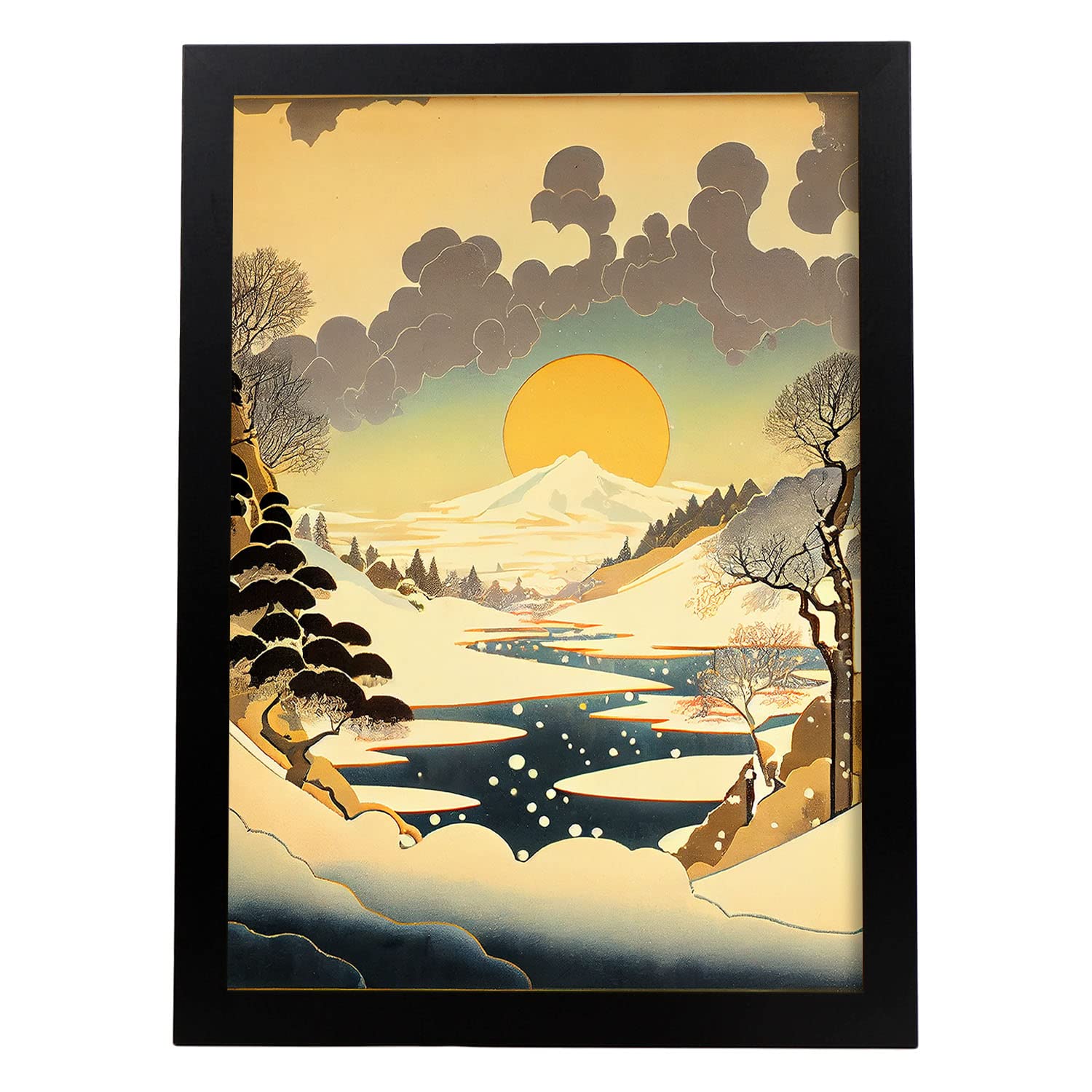 Nacnic poster río congelado en el estilo de arte japonés ukiyo paisajes abstractos y surrealistas en ilustraciones de arte oriental a3 marco negro