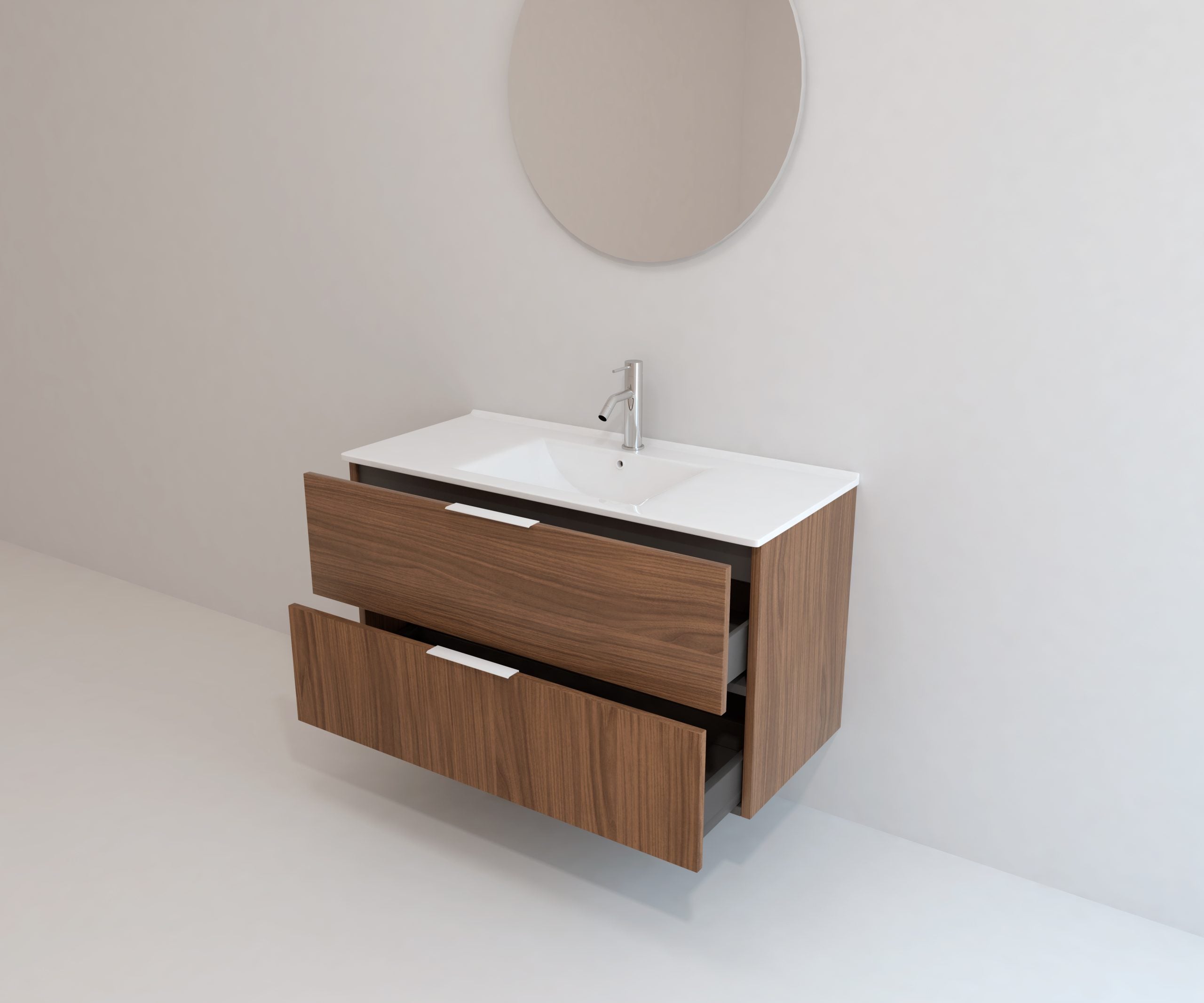 Meuble de salle de bain Mapau Pack avec lavabo et miroir rond SAVART noyer 100cm - 4