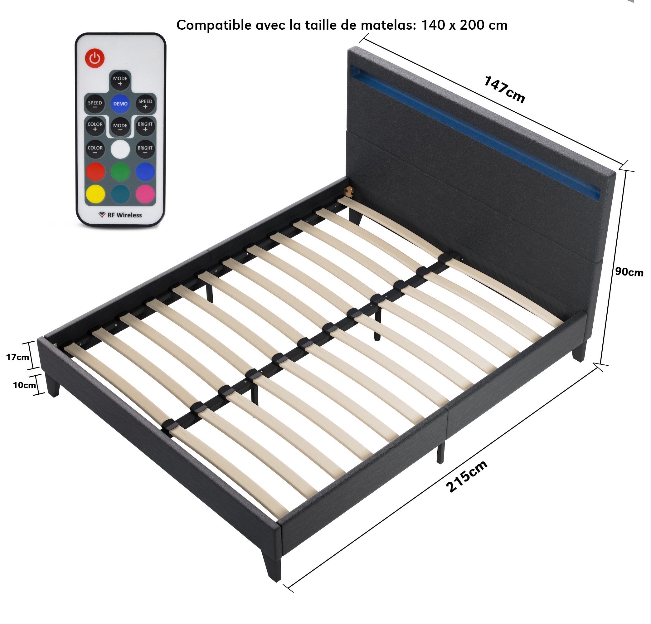 Ensemble Matelas + lit 140x200 cm, Matelas 16cm mousse, accueil latex, lit à tête de lit LED similicuir noir - 9