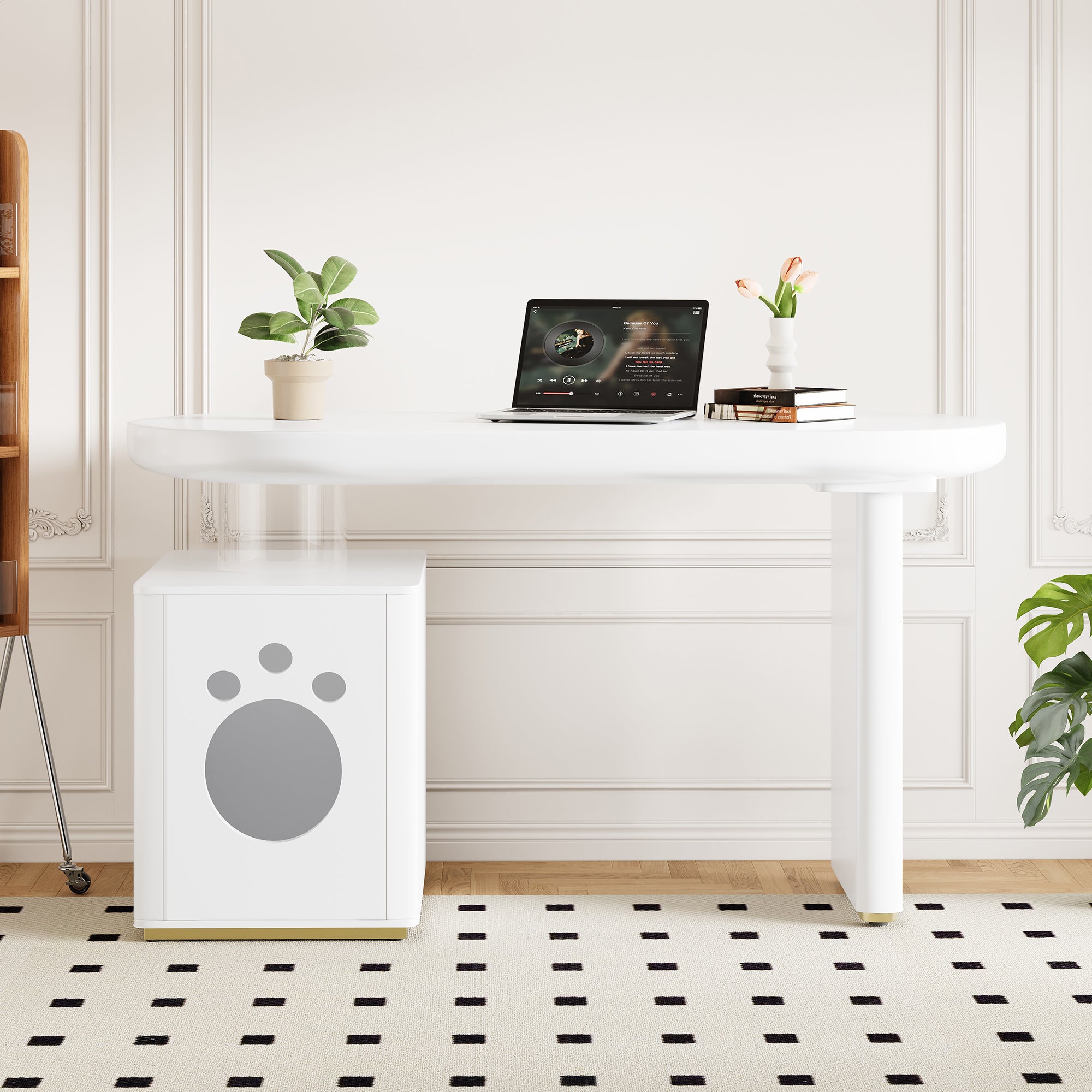 Biurko z domkiem dla kota - 117 x 50 x 76 cm - MDF - rozmiary dla zwierząt M–XL - białe