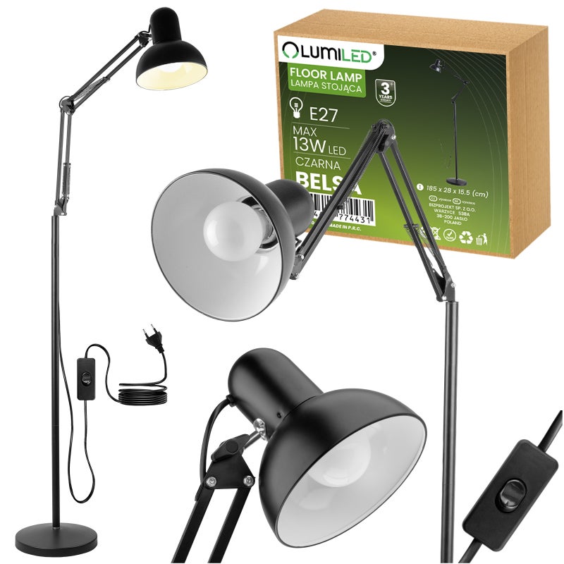 Lampa Stojąca Lumiled Podłogowa Stołowa LED E27 Czarna z Regulacją Wysokości
