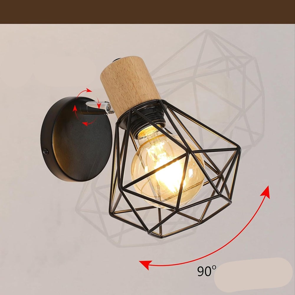 Kinkiet w stylu vintage industrialnym, obrotowa lampa ścienna z drewna, lampa klatkowa z czarnego żelaza do sypialni, przedpokoju, salonu. - 2