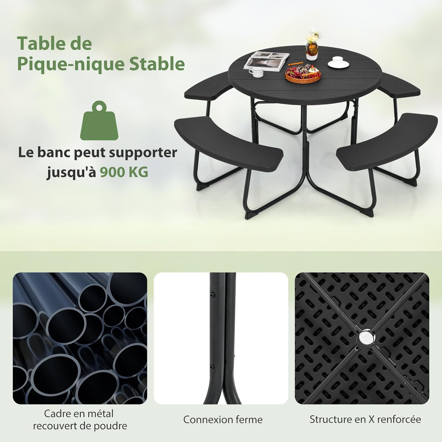 Table de Pique-Nique avec 4 Bancs Intégrés, Trou de Parasol, Cadre en Acier, Plateau HDPE pour 8 Personnes - 5