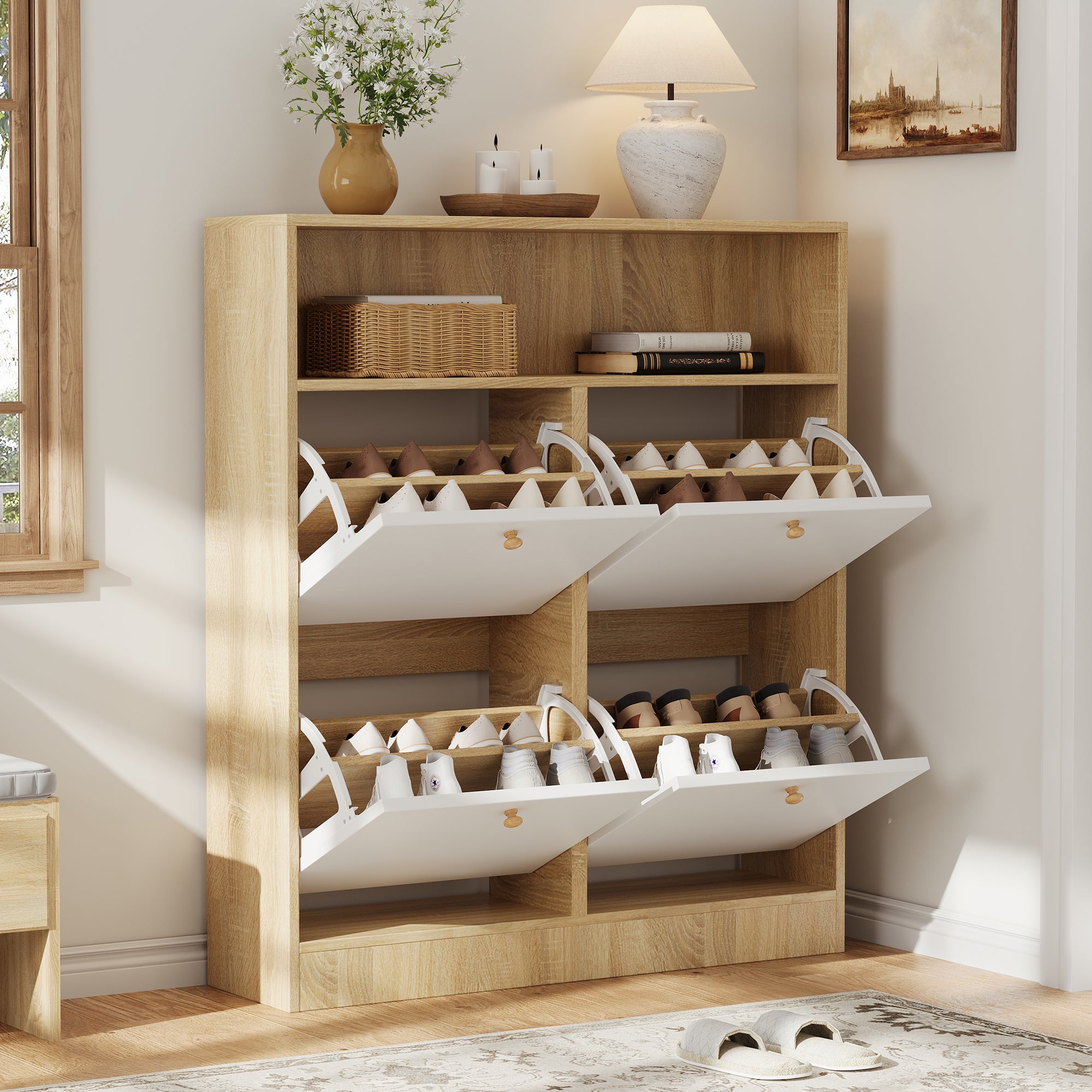 Zapatero estrecho natural y blanco 90×24×104,5 cm, con 4 puertas, estantes abiertos y separadores ajustables. ideal para pasillos y entradas.