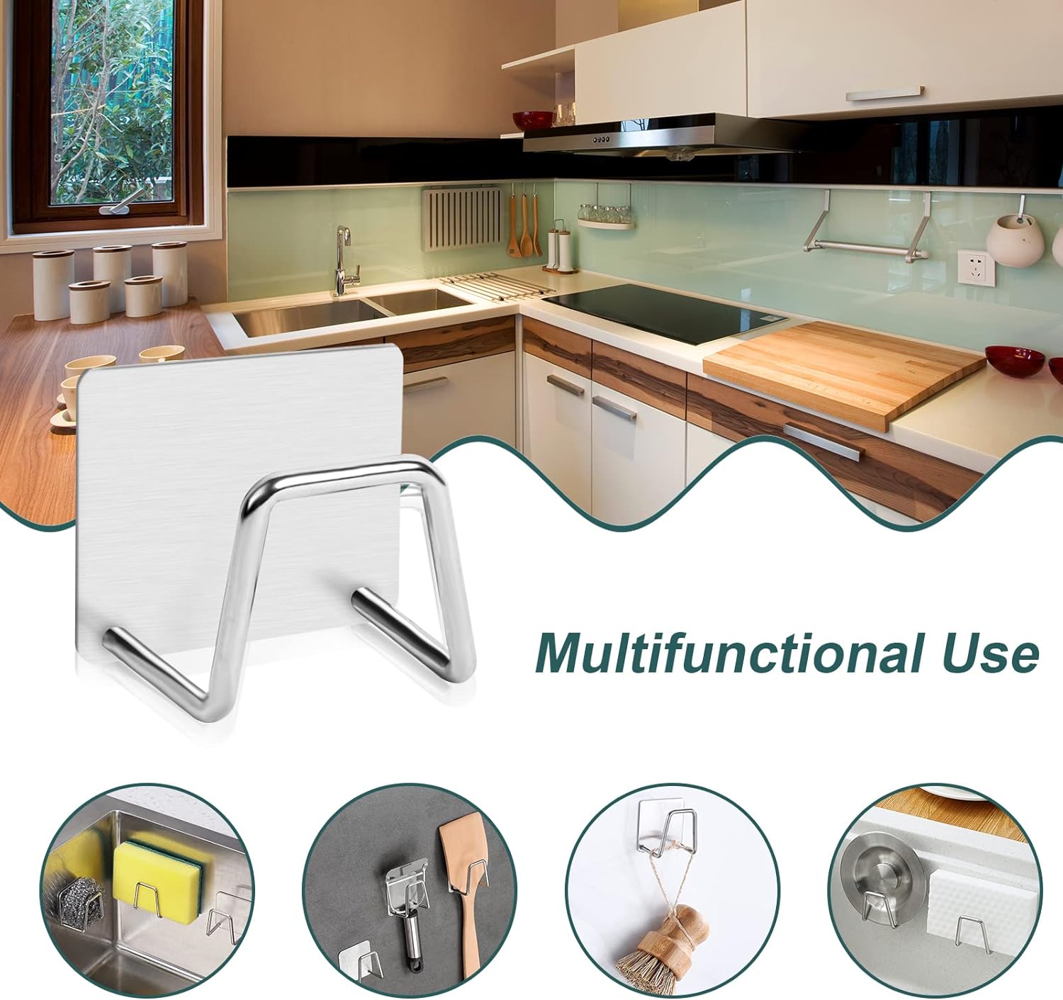 Paquet de 4 porte-éponges, porte-éponge à vaisselle en acier inoxydable, support d'éponge antirouille pour évier de cuisine, argent mat - 3