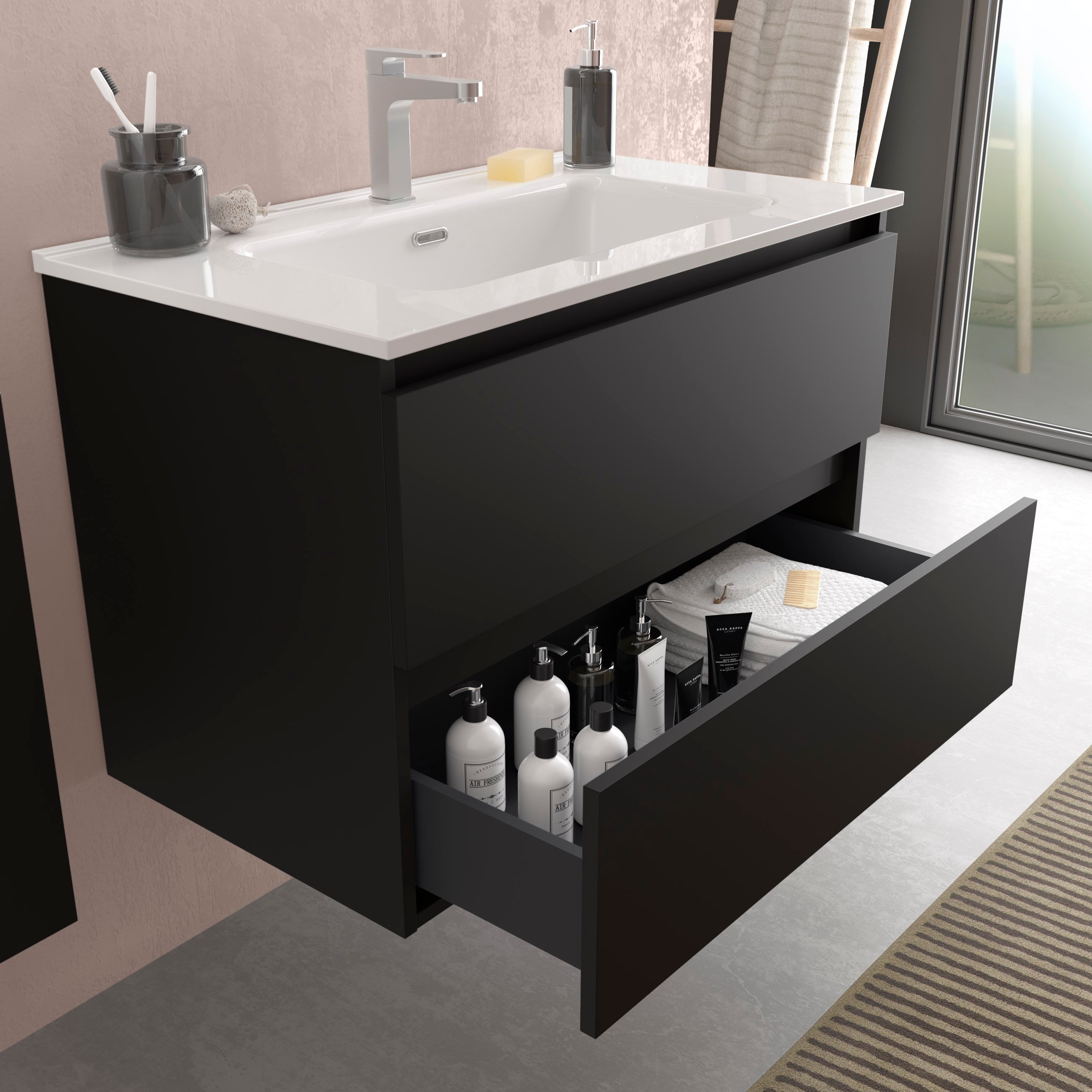 Meuble de salle de bain BEQUIA 60cm Noir mat | Vasque Porcelaine - 2