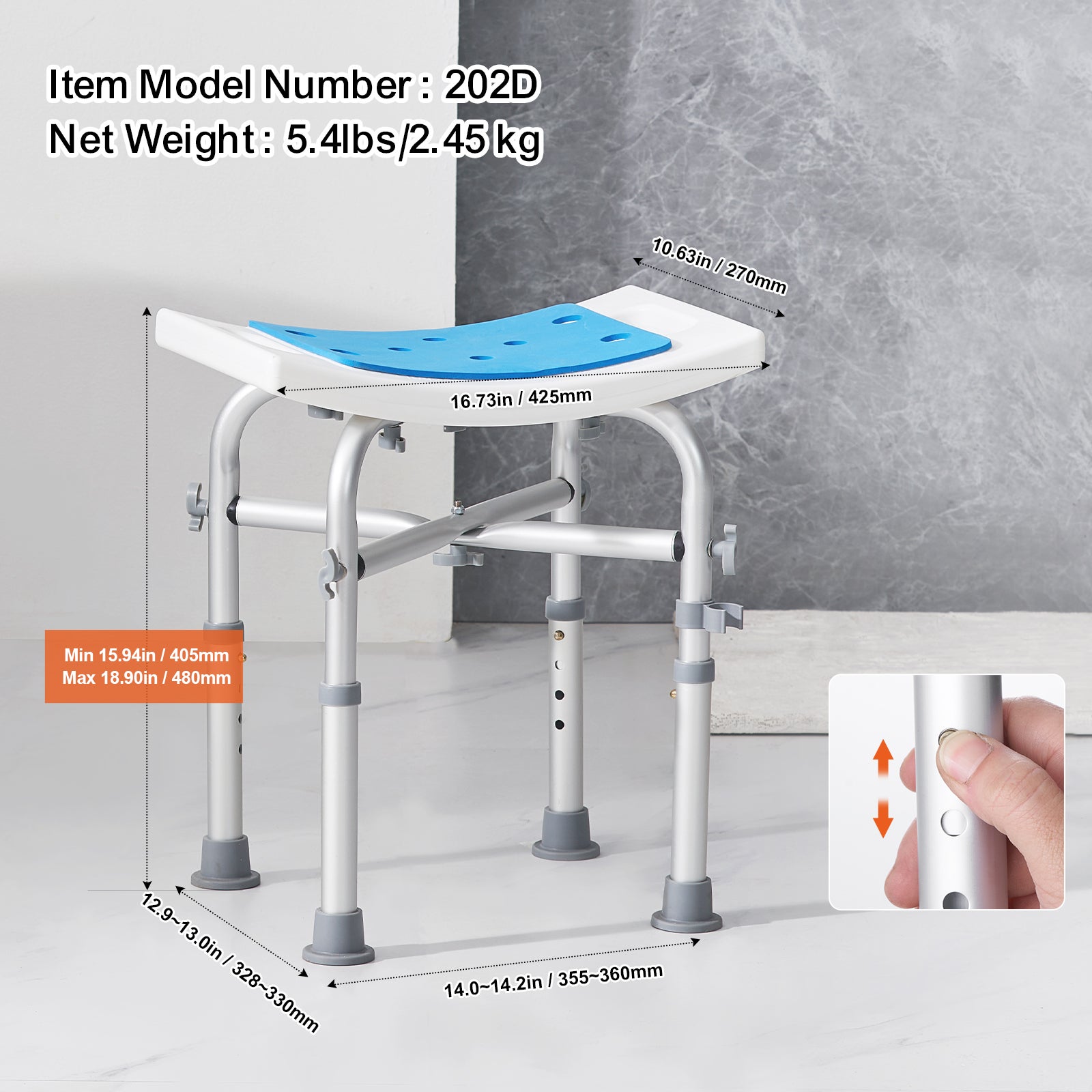 Silla de ducha ajustable en altura,SucceBuy soporte de barra transversal,taburete antideslizante,capacidad de 226,8 kg - 8