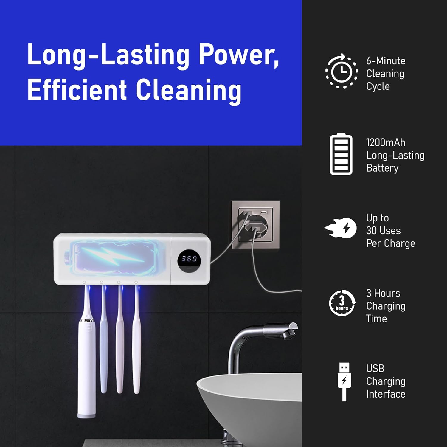 Stérilisateur de brosse à dents UV - Brosse à dents rechargeable intelligente avec fonction de séchage à la lumière et à l'air - 4