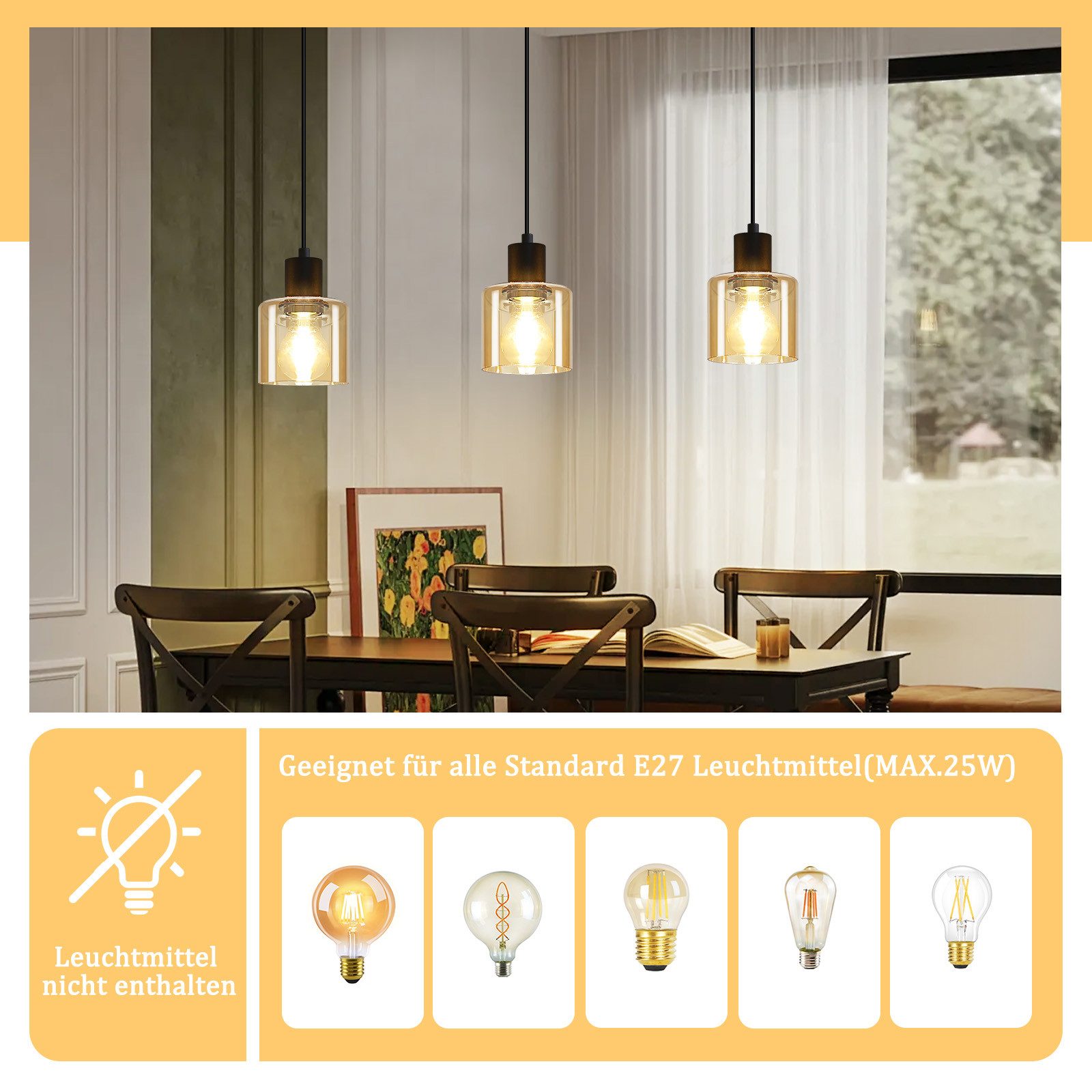 ZMH Candeeiro de teto suspenso E27 3 LUZES Vintage Preto - 3