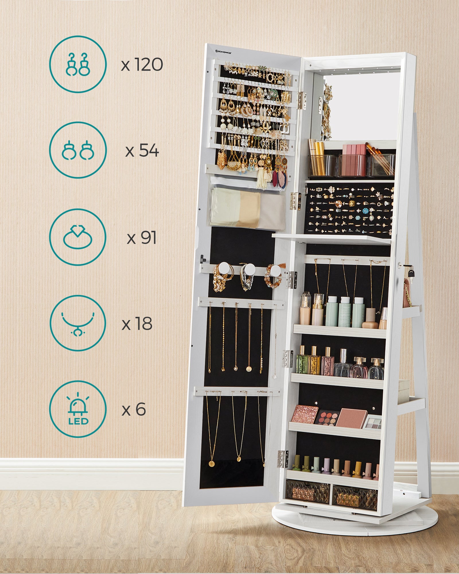 Armoire à Bijoux avec Miroir sur Pieds, avec 6 LED, Rangement Bijoux Pivotant à 360°, Miroir Psyché sans Cadre,Blanc Boisé - 6