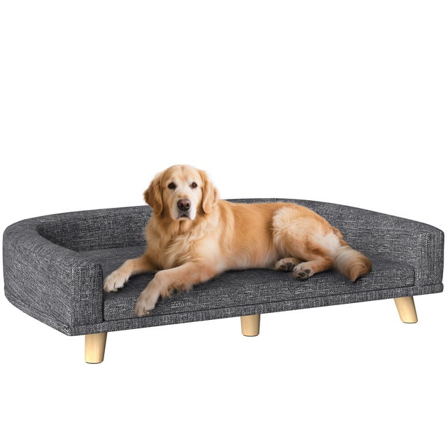 Duży pies sofa Elevated legowisko dla psa z zmywalny poduszka i drewniany nogi NOŚNOŚĆ 40 kg 98x67x25cm ciemnoszary
