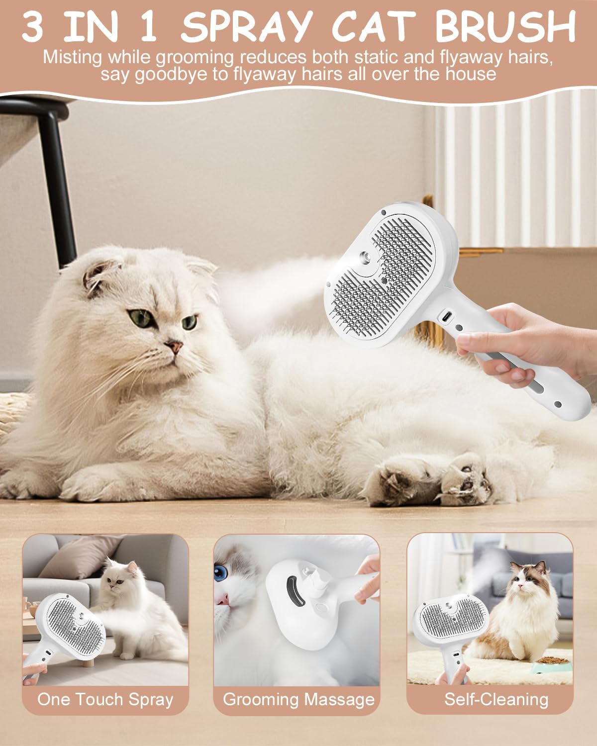Cepillo de vapor para gatos, peine masajeador con pulverizador 3 en 1 para gatos y perros, cepillo autolimpiable para gatos, cepillo de vapor para per - 5