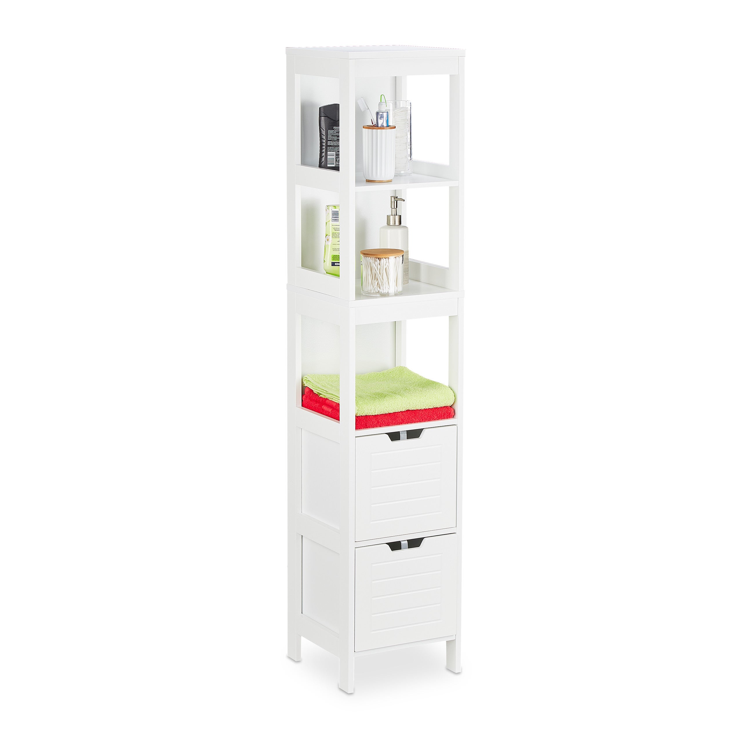 GLACER Armadio Da Bagno Alto In Legno, Bianco, 30,5x30,5x144,8 Cm, Con 3 Ripiani E 2 Cassetti, Fissaggi Antiribaltamento Inclusi