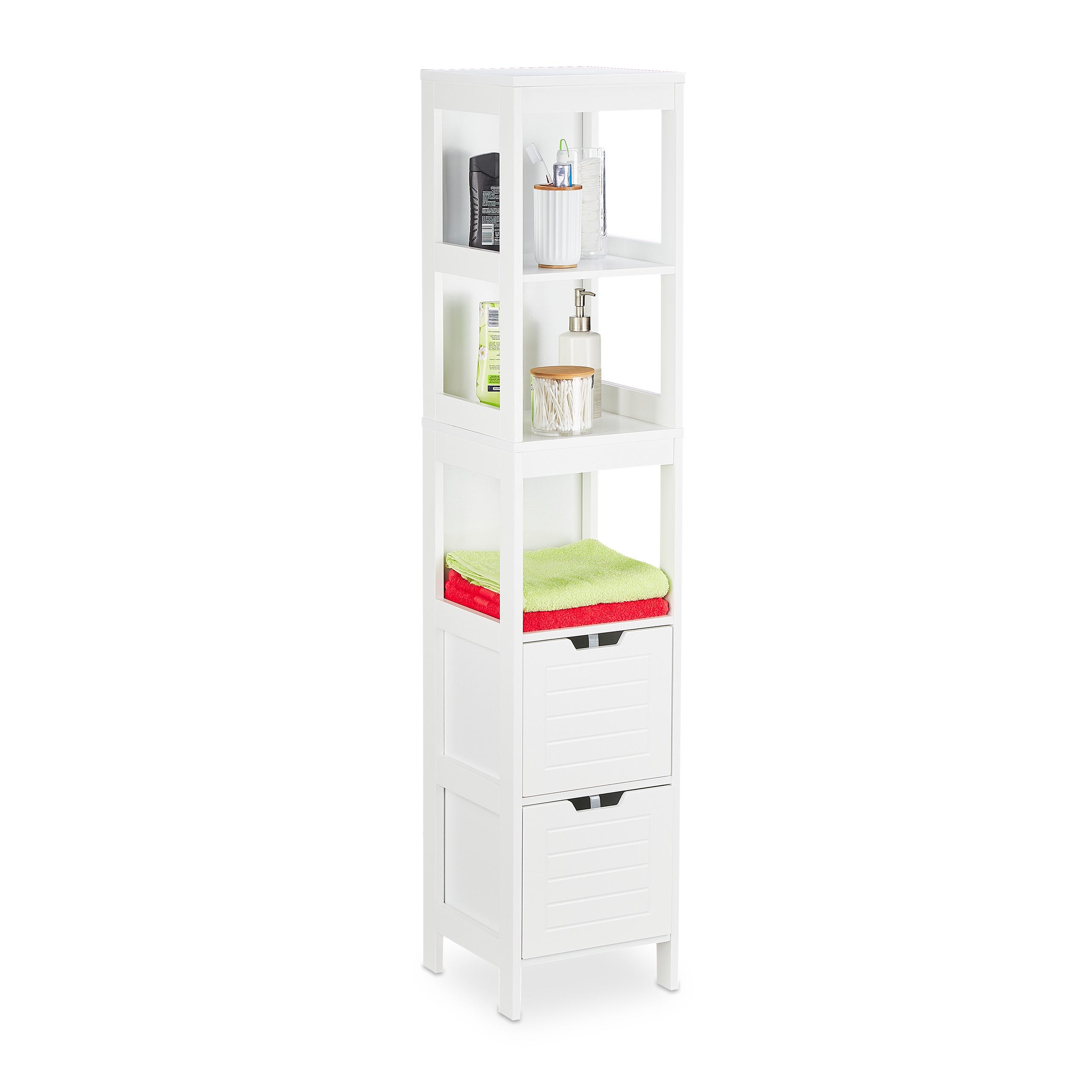 GLACER Armadio Da Bagno Alto In Legno, Bianco, 30,5x30,5x144,8 Cm, Con 3 Ripiani E 2 Cassetti, Fissaggi Antiribaltamento Inclusi