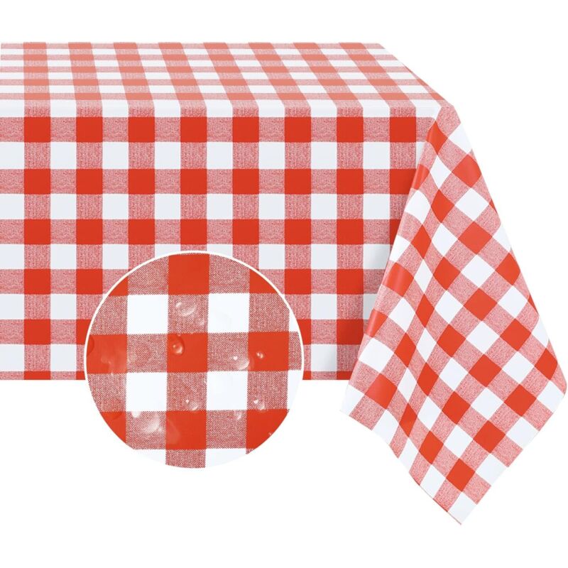Față de masă dreptunghiulară din PVC, 140x180cm, model Buffalo Check, roșu/alb, impermeabilă, anti-ulei, lavabilă, pentru picnicuri/exterior