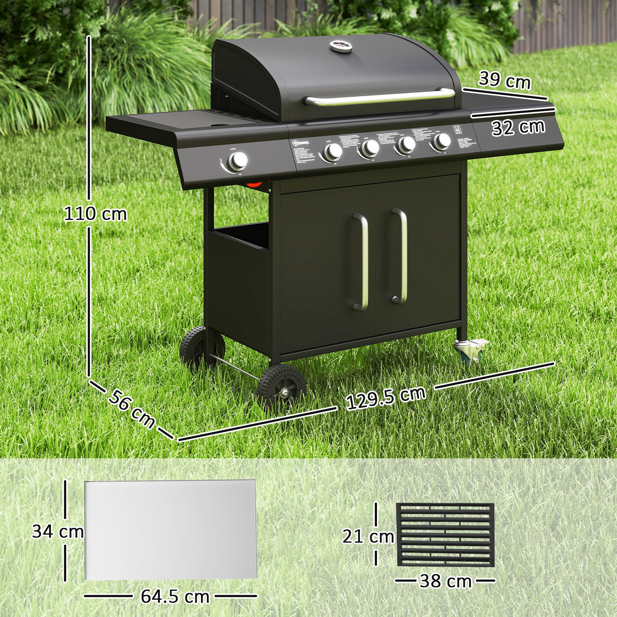 Outsunny Barbecue a Gas con Fornello Laterale, Tavolino e Armadietto, in Acciaio e PP, 129.5x56x110 cm, Nero - 3
