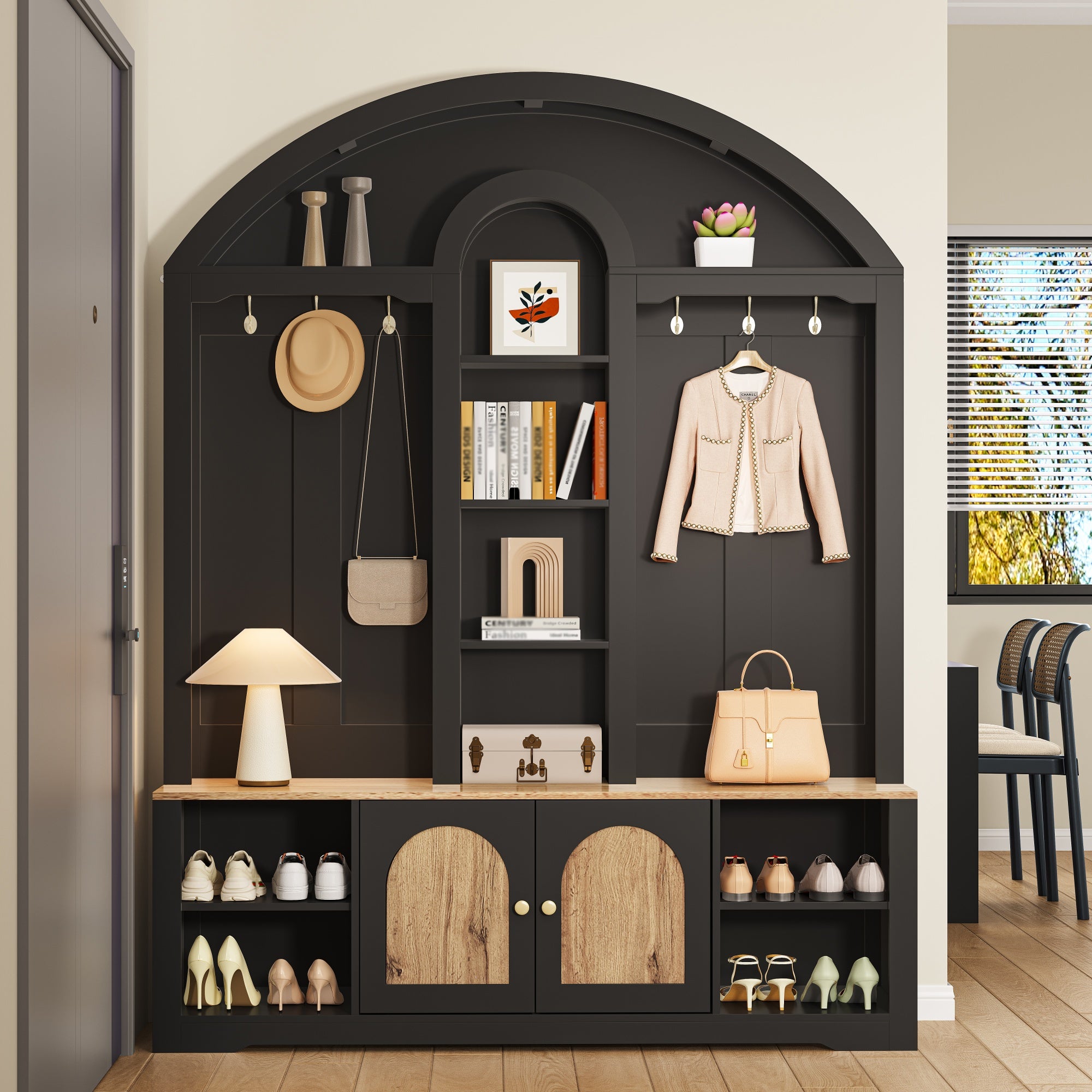 Szafka na buty z ławką, wieszakami, 2 drzwiami i otwartymi półkami - 150 x 40 x 195 cm - MDF - Czarna
