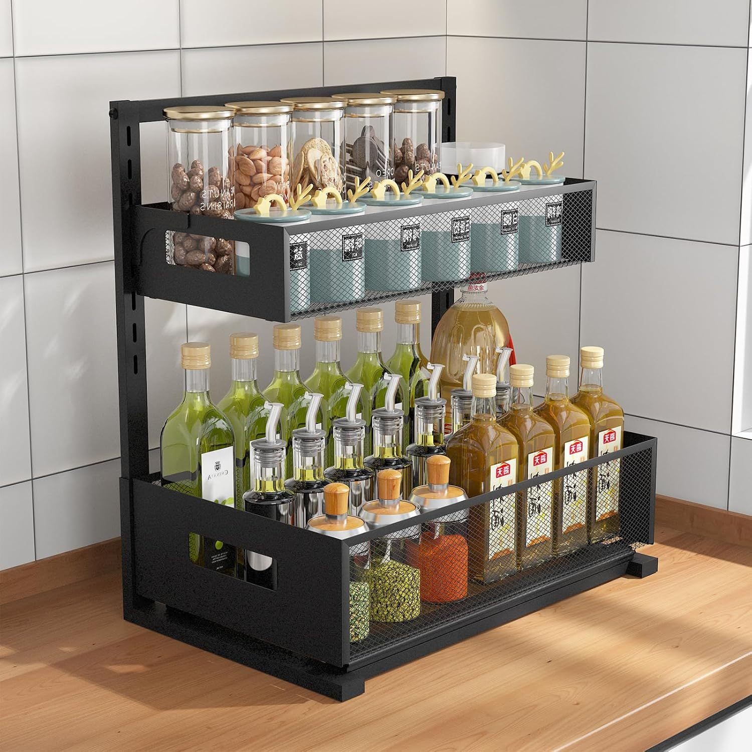 Set 3 Organizzatori Sottolavello Con Cassetti Scorrevoli | 2 Ripiani Per Cucina E Bagno | ABS Resistente Con Ganci E Tazze (Nero, 32,8 Cm) - 2