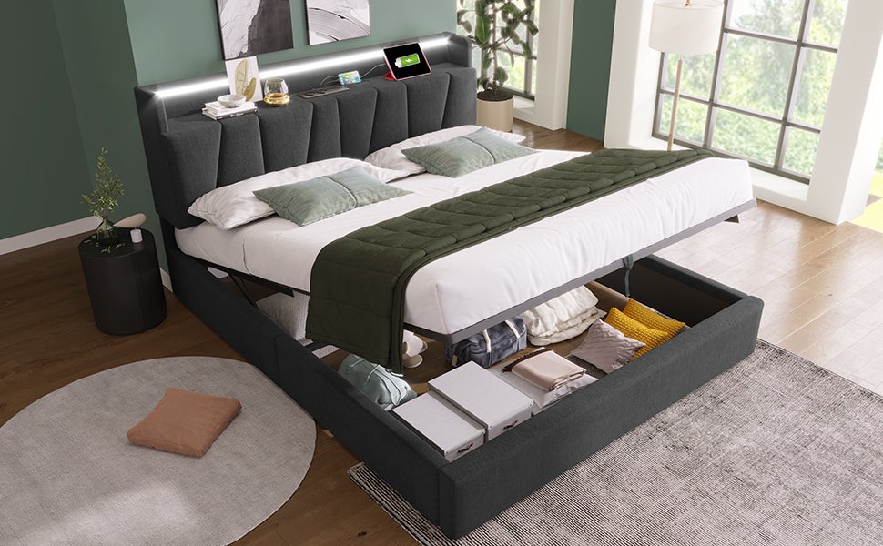 Lit double rembourré avec fonction de charge USB, tête de lit de rangement et éclairage LED, lit double 160x200cm lits de rangement cadre de lit, so - 2